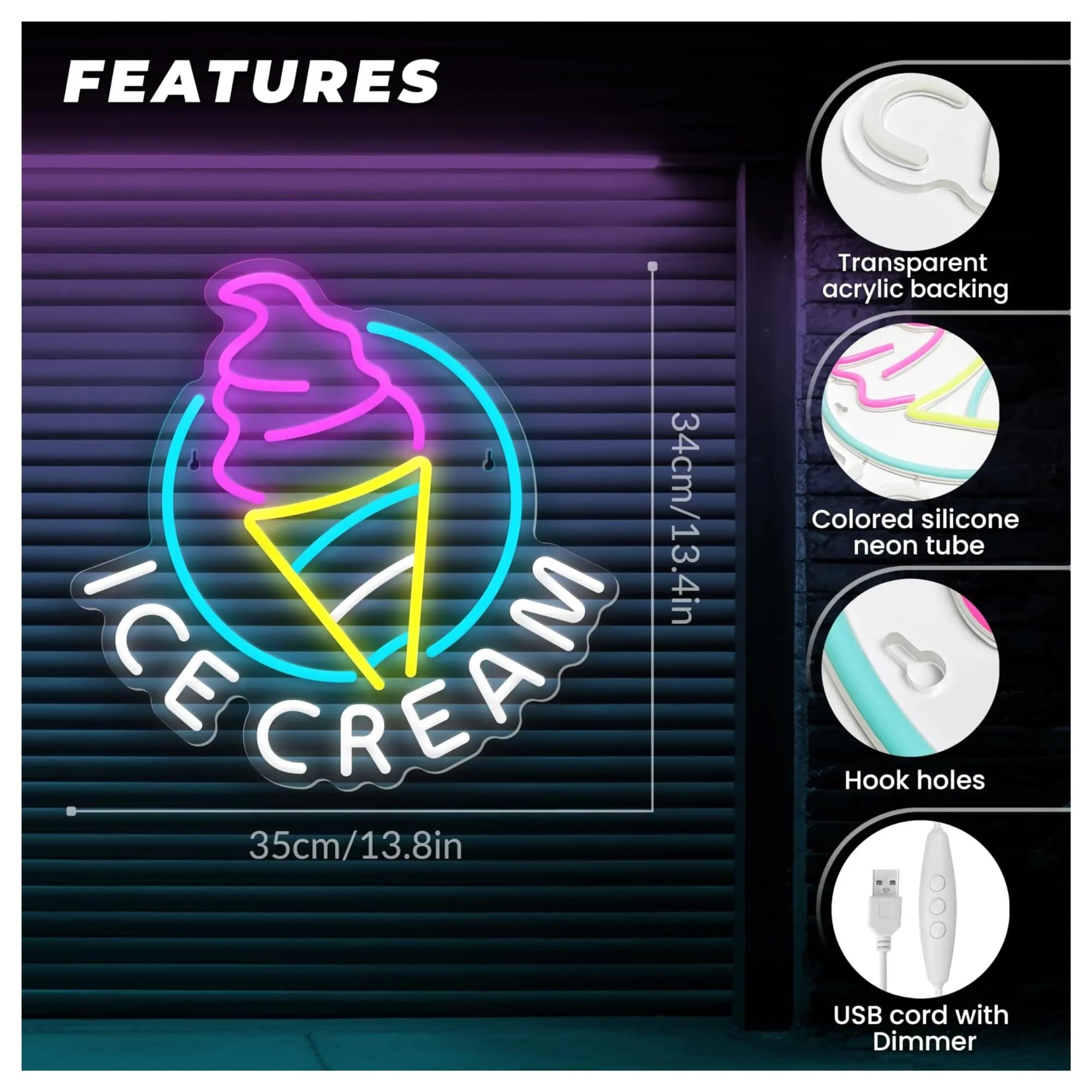 Decoración Lámparas Letrero De Neón Ice Cream Con Luz Para Decoración De Pared, Ideal Para Fiestas De Cumpleaños, Dormitorios, Bares Y Tiendas De Bebidas, 35cmx34cm