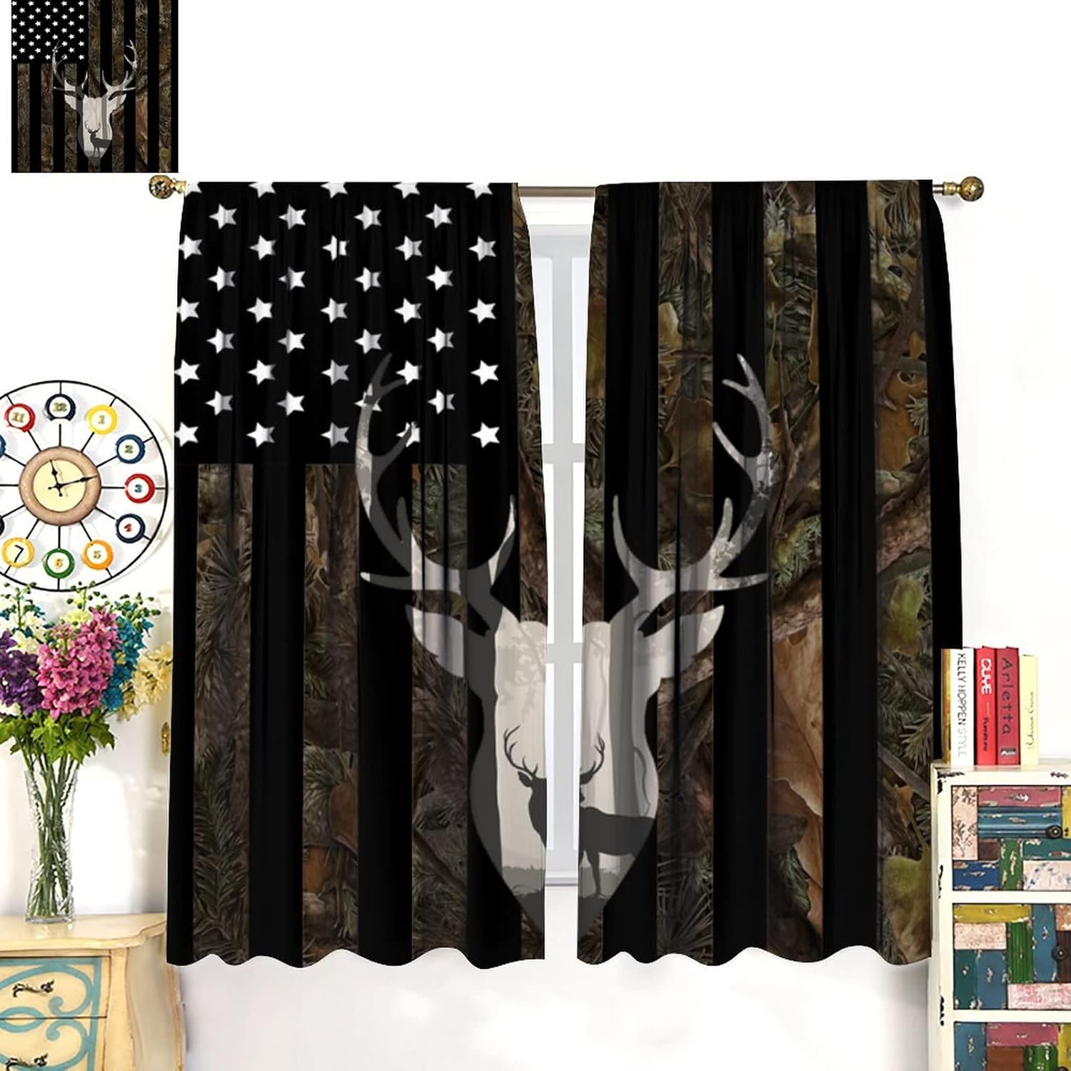 Flag Blackout Curtains,Camo Forest Black White Stars Stripes USA Flag Window Drapes,Deer Silhouette Hunting Animal Vintage Farmhouse Curtains for Kids Boys Girls Bedroom 42x54 Inch