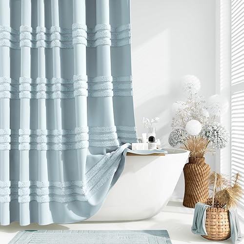 Dynamene Cortina de ducha de tela azul niebla, cortina de ducha de tela texturizada de felpilla copetuda a rayas para baño, juego de cortina de