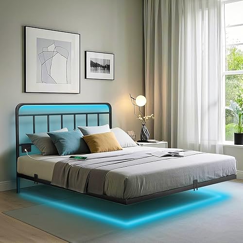 Miniatura 10 de Marco de cama de plataforma flotante tamaño queen con luces LED y estación de carga - Incluye destornillador eléctrico para el montaje, sujetadores