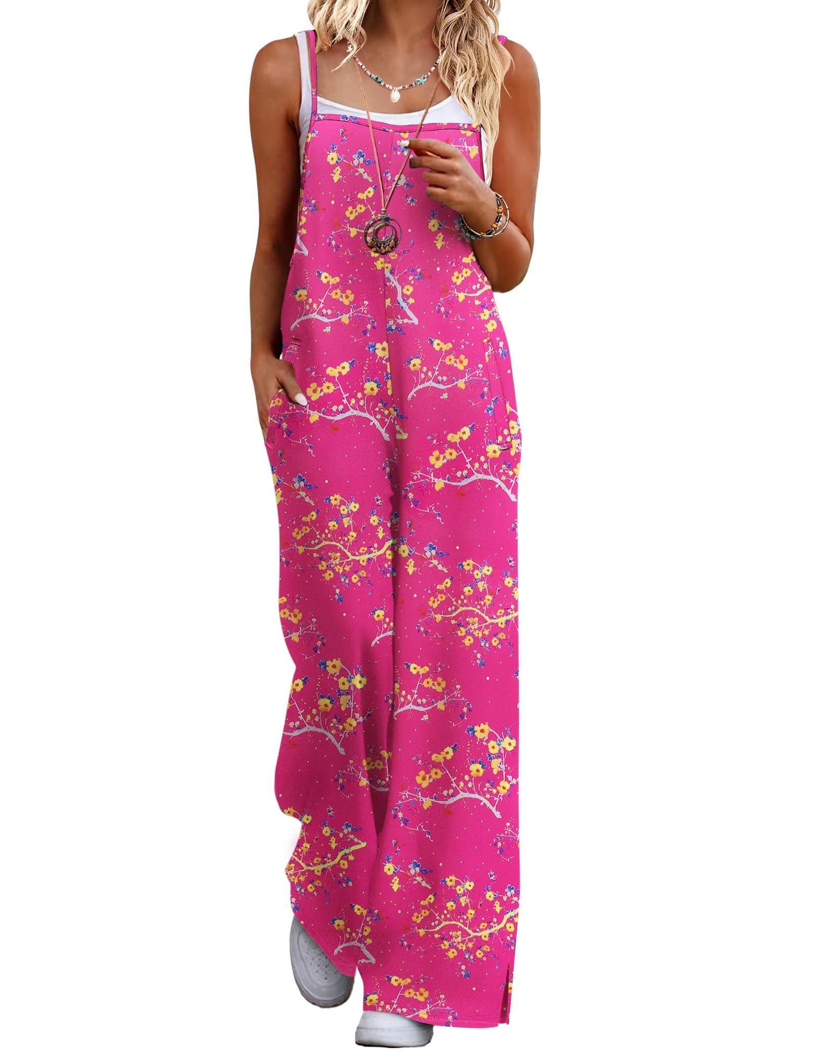 Womens Causal Sleeveless Jumpsuits Summer Boho Wide Leg Floral Rompers Overalls with Pockets, Rose Pink Floral, Large-image-48