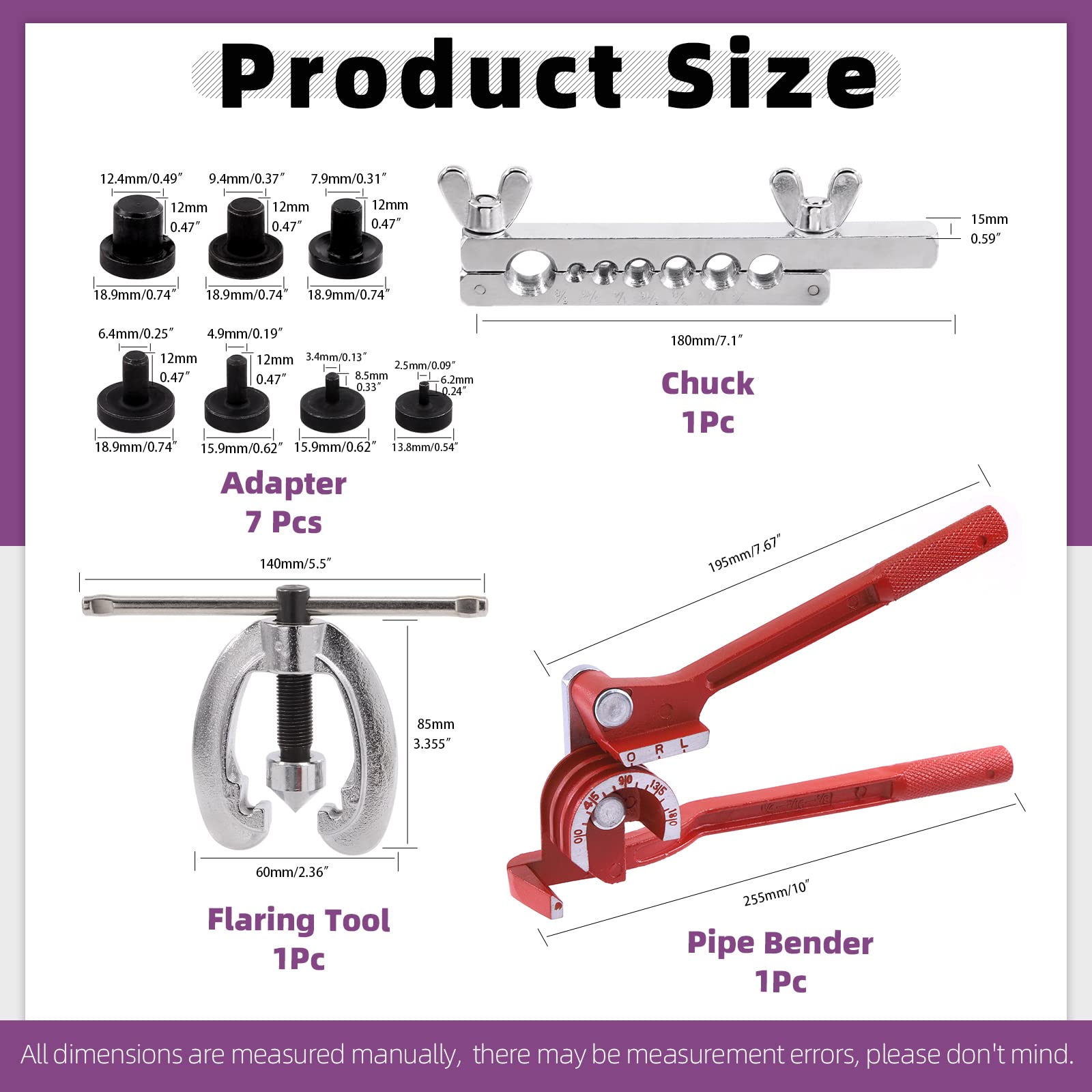 Swpeet Kit di 10 utensili per svasatura automatica e kit assortito di piegatubi 3 in 1 da 180 gradi, 1/2", 7/16", 3/8", 5/16", 1/4", 3/16", 5/8", utensili per svasatura linea e 1/4" 5/8" e 1/4" 5/8"