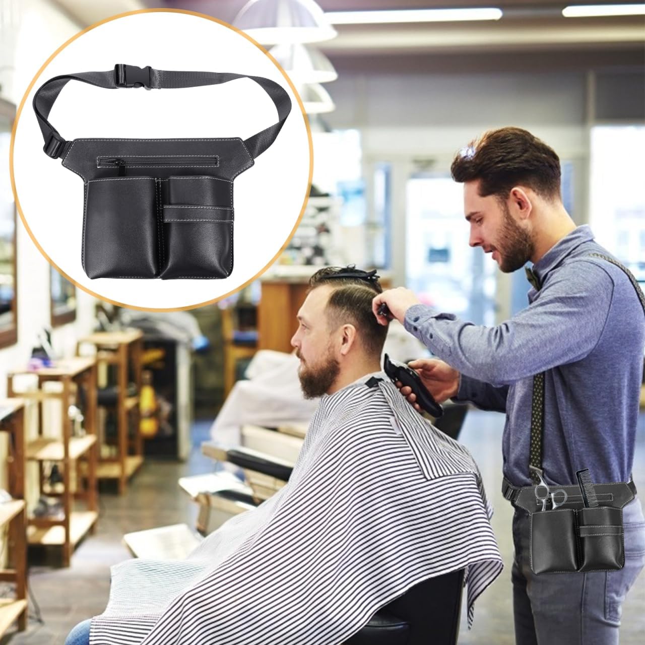 Barber Tool Waist Bag, Hair Stylist Fanny Pack with Adjustable Belt, Multi Pocket Scissors Pouch, Salon Aprons Organizer for Clippers Combs Shears, Professional Salon Barber Accessories