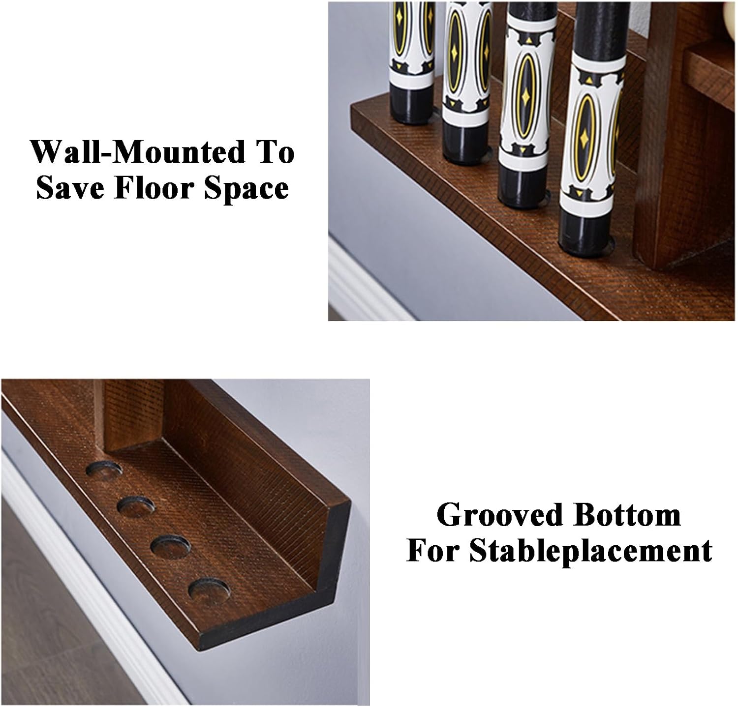 Wall-mounted Billiard Cue Rack Hold 6 Cues,solid Wood Pool Cue Stick Holder,for Game Room Clubs and Bars,Easy to Assemble(Color1)