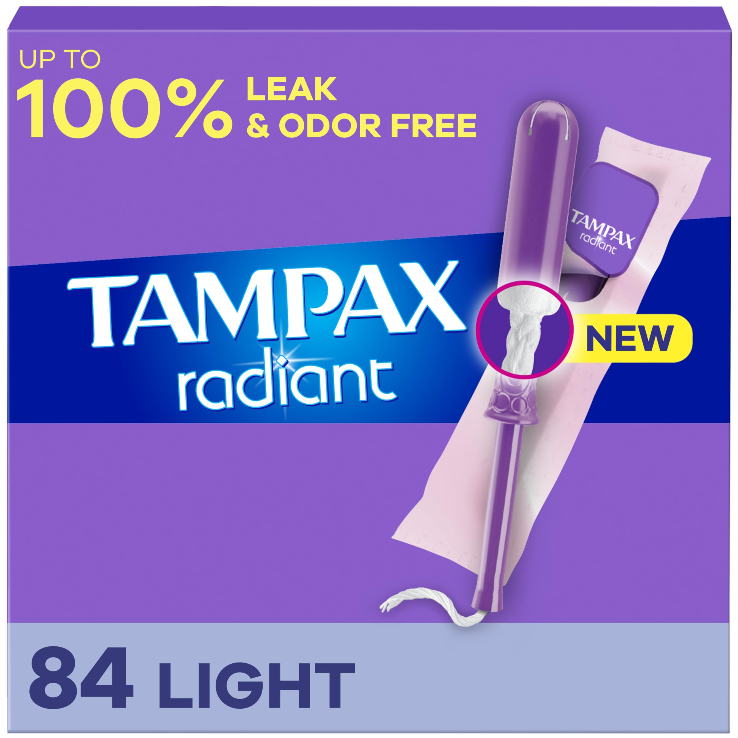 Tampax Radiant Tampons, with LeakGuard Braid, Light Absorbency, Up to 100% Leak and Odor Free Protection, Unscented, 84 Count (3 Packs of 28)