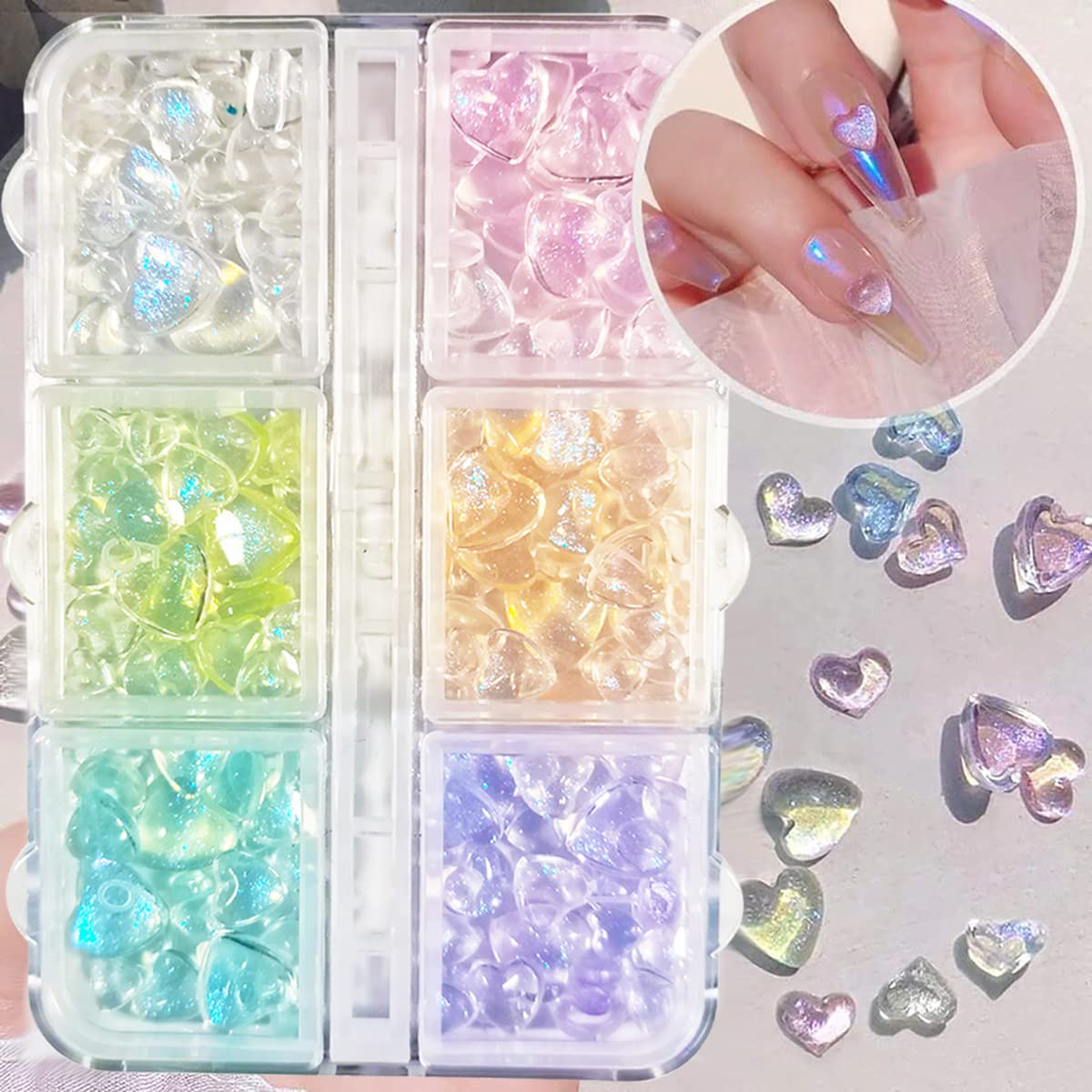 200Pcs Glitter Heart Nail Art Charms, 3D Mixed Size Love Hearts Rhinestones Flat Jelly Resin Crystal Jewelry Diamonds for Acrylic Nail Supplies, Women