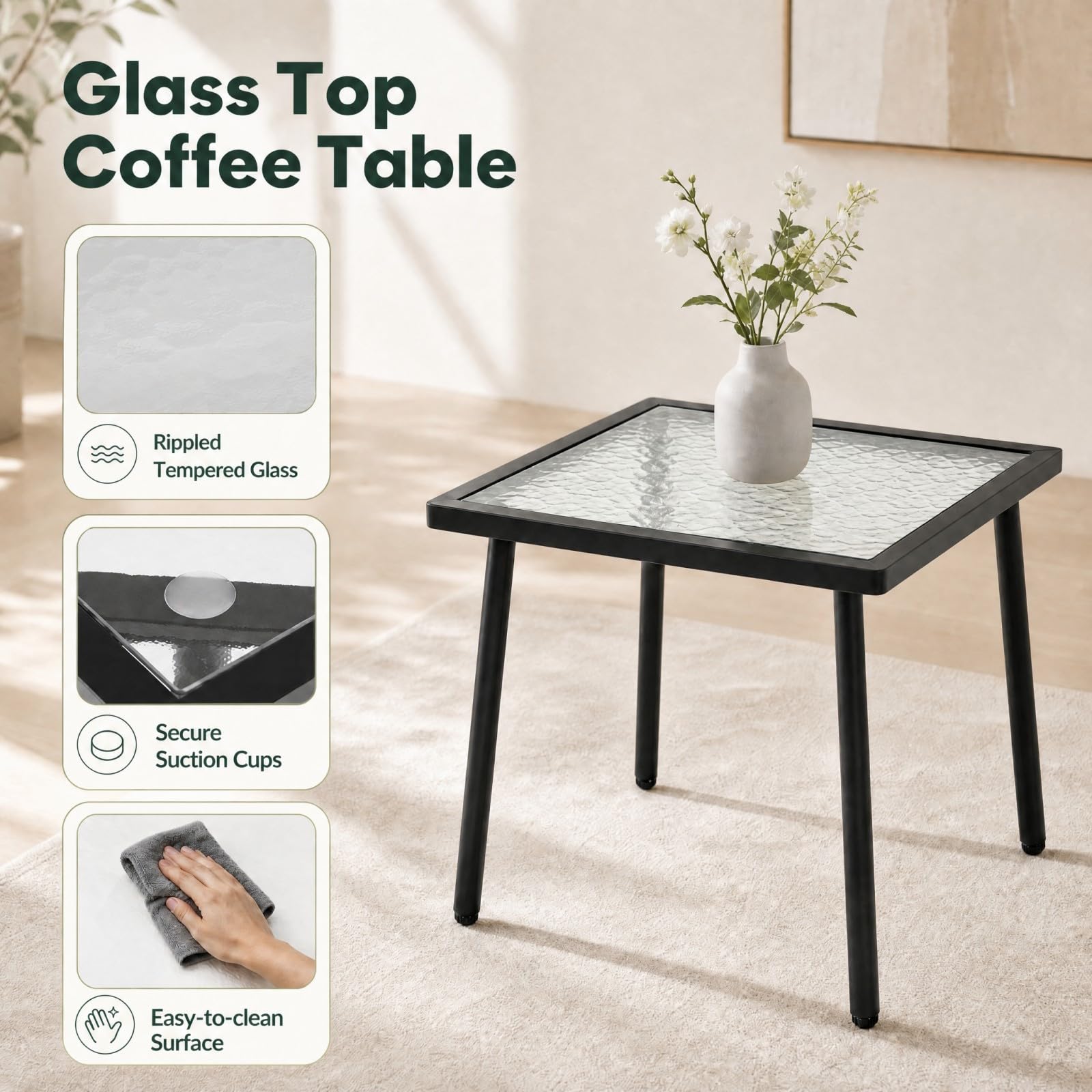 GOPLUS Juego de Muebles de Jardín Exterior de 3 Piezas con 4 Cojines | Conjunto de Conversación de Patio con 2 Sillas, Mesa Auxiliar de Vidrio Templado, Juego de Mesa y Sillas para Terraza Piscina