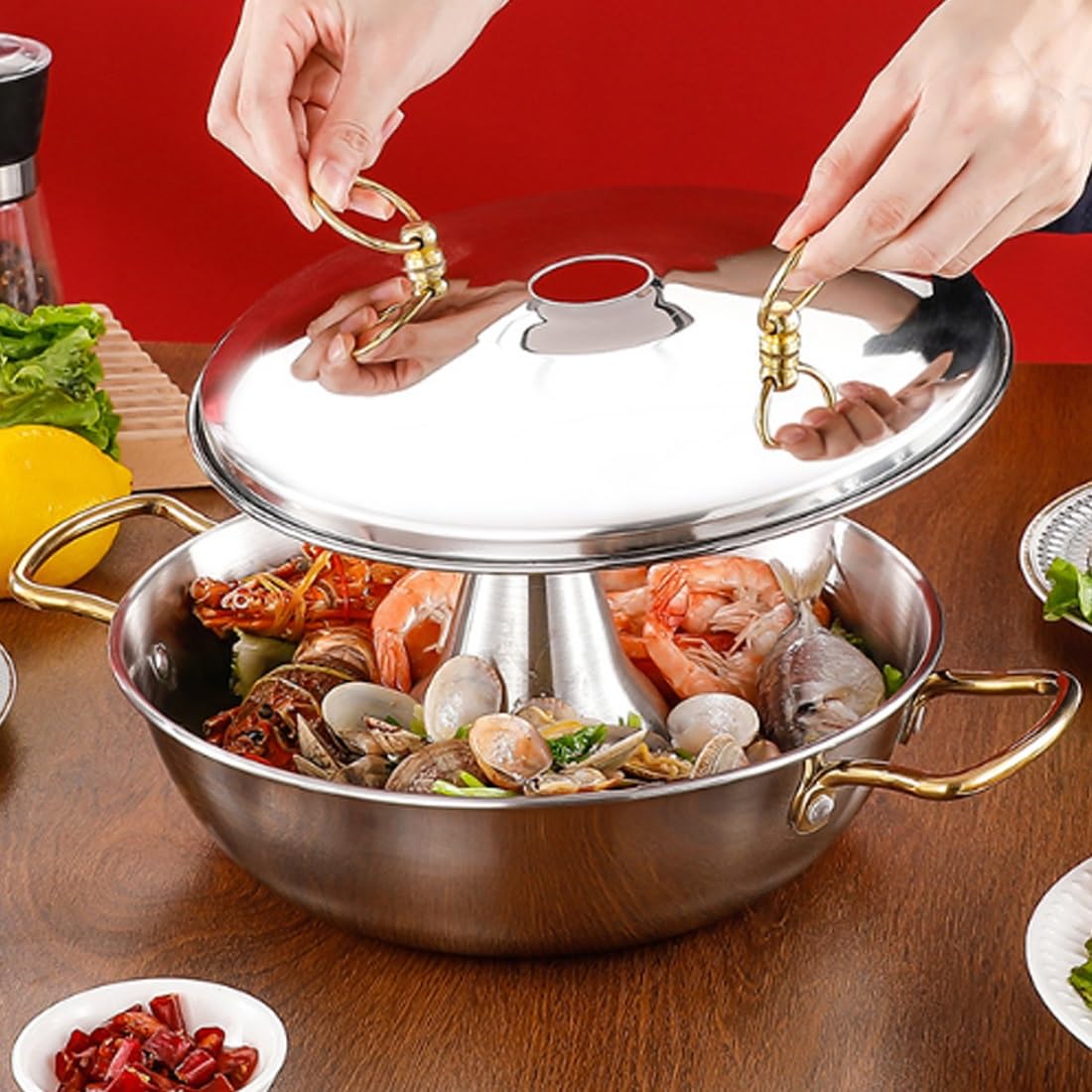 Olla de Acero Inoxidable, Olla Antiadherente con Tapa, 25 cm, Ideal para reuniones de 4-6 Personas, Comidas al Aire Libre, para Placas de inducción y cocinas de Gas