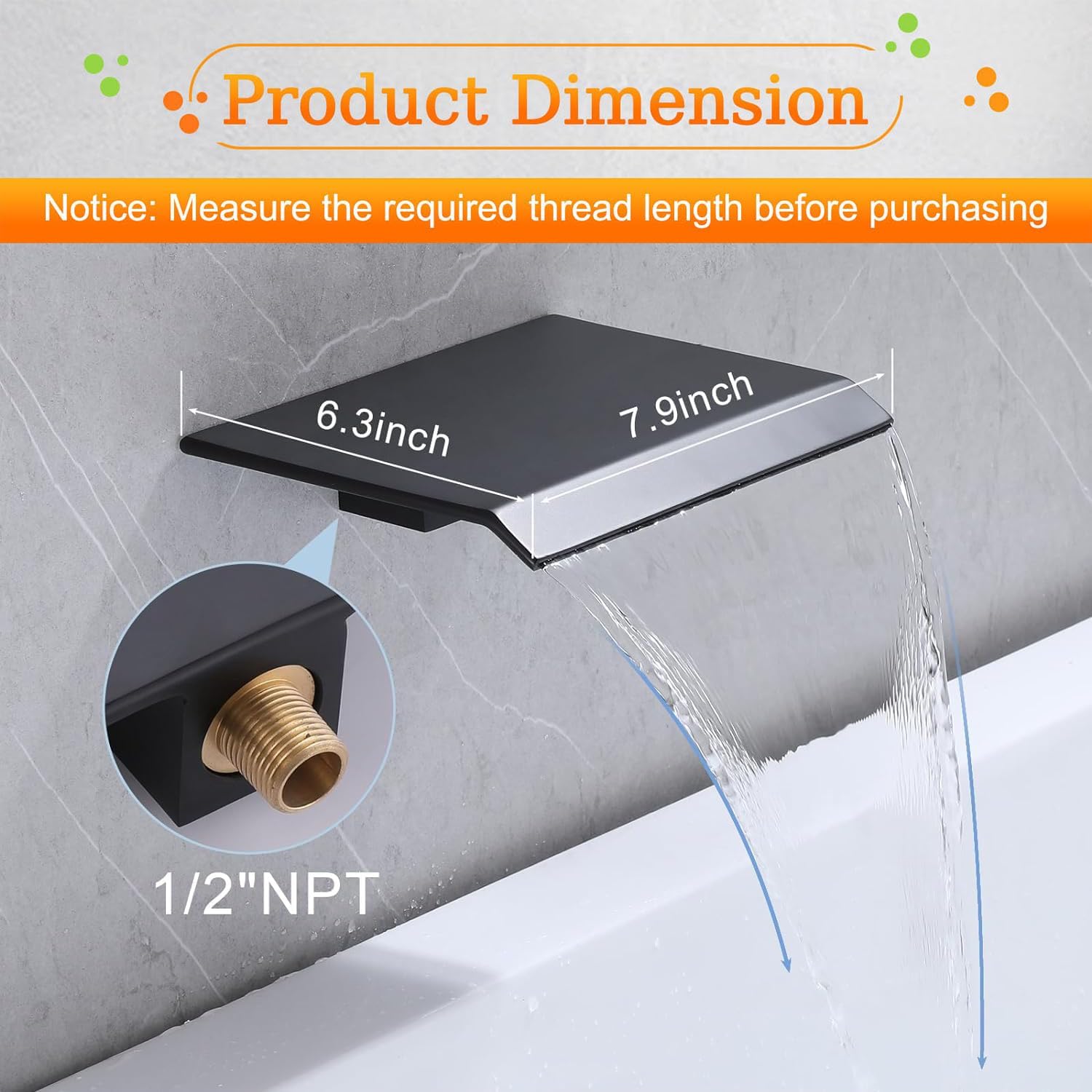 Waterfall Tub Spout Matte Black, Wall Mount Tub Filler Faucet for Bathroom Multiple Uses, High Flow Bathtub Cascade Waterfall Spout Fixtures Bathroom Bathtub Faucets