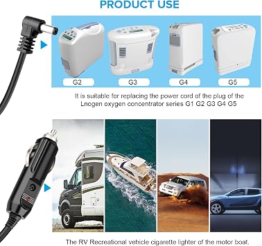Replace The 12V car Charger Power Cord of The Lnogen One G1 G2 G3 G4 G5 Portable Oxygen Concentrator Series. Equipped with Replaceable Fuses, with a Wire Length of 8.5FT. (One Black)
