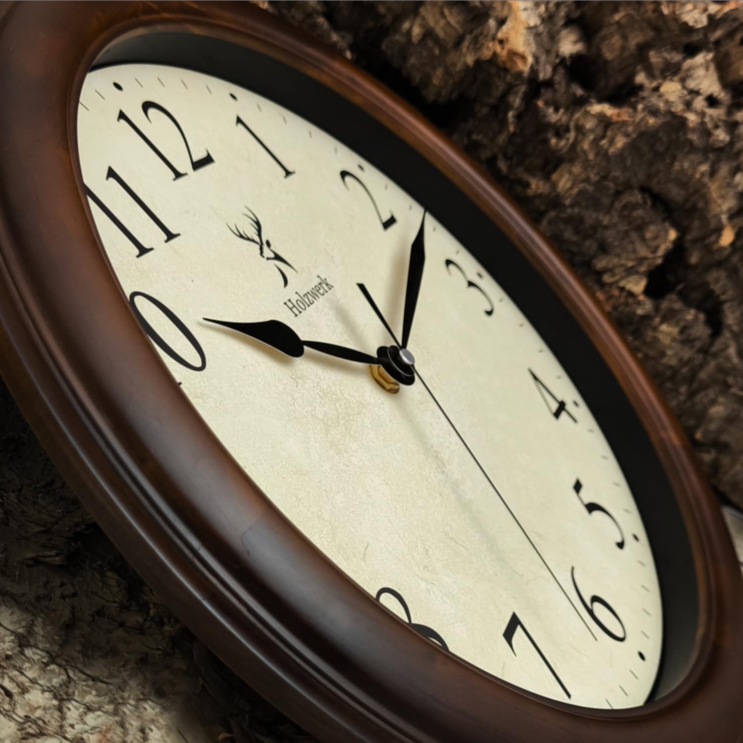 Holzwerk Natur Vintage Retro Holz Wanduhr Holz-Uhr laufleises Uhrwerk ohne Tickgeräusche Braun nahezu lautlos aus handgefertigtem Massivholz Natur 14 Zoll 35cm (HWN.Braun)