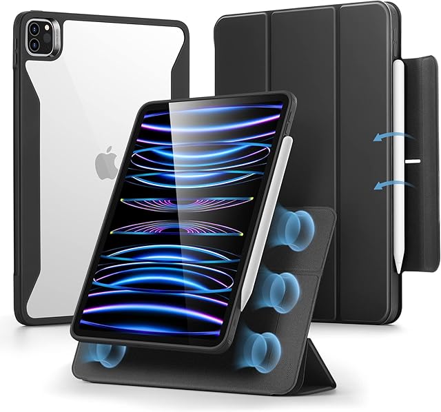 ESR Hybrid Case Compatible with iPad Pro 11 Inch Case (2022/2021), iPad Pro 11 Inch Case with Pencil Holder, Detachable Magnetic Cover, Vertical Stand, Rebound 360 Series, Black