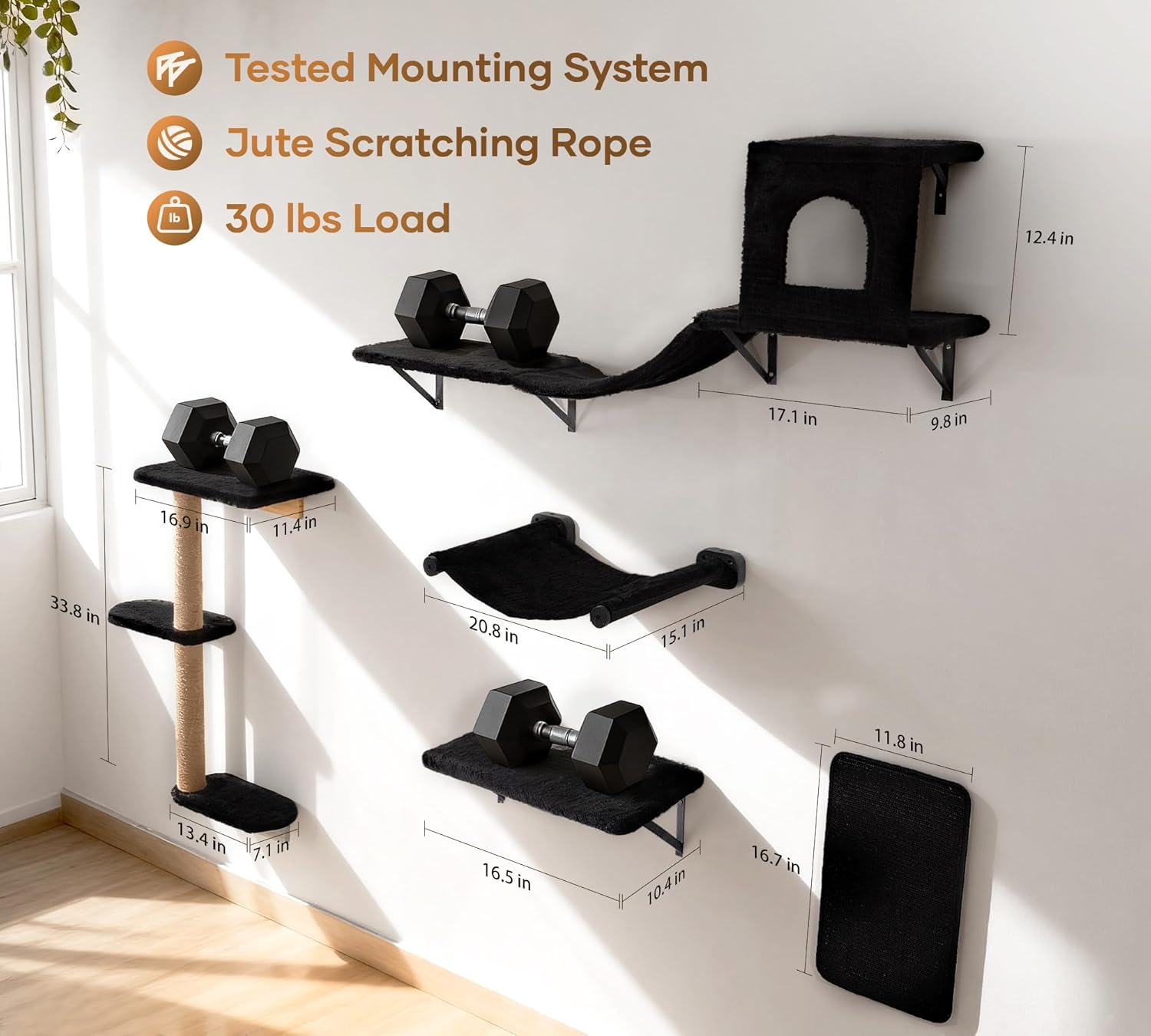 Wall Mounted Cat Furniture Combo of 5, 5 in 1 Cat Shelves with Hammock, Bridge, Climbing Tree, Scratcher & Perch – Indoor Wall Cat Playground for Large Cats, Holds Up to 30 lbs,