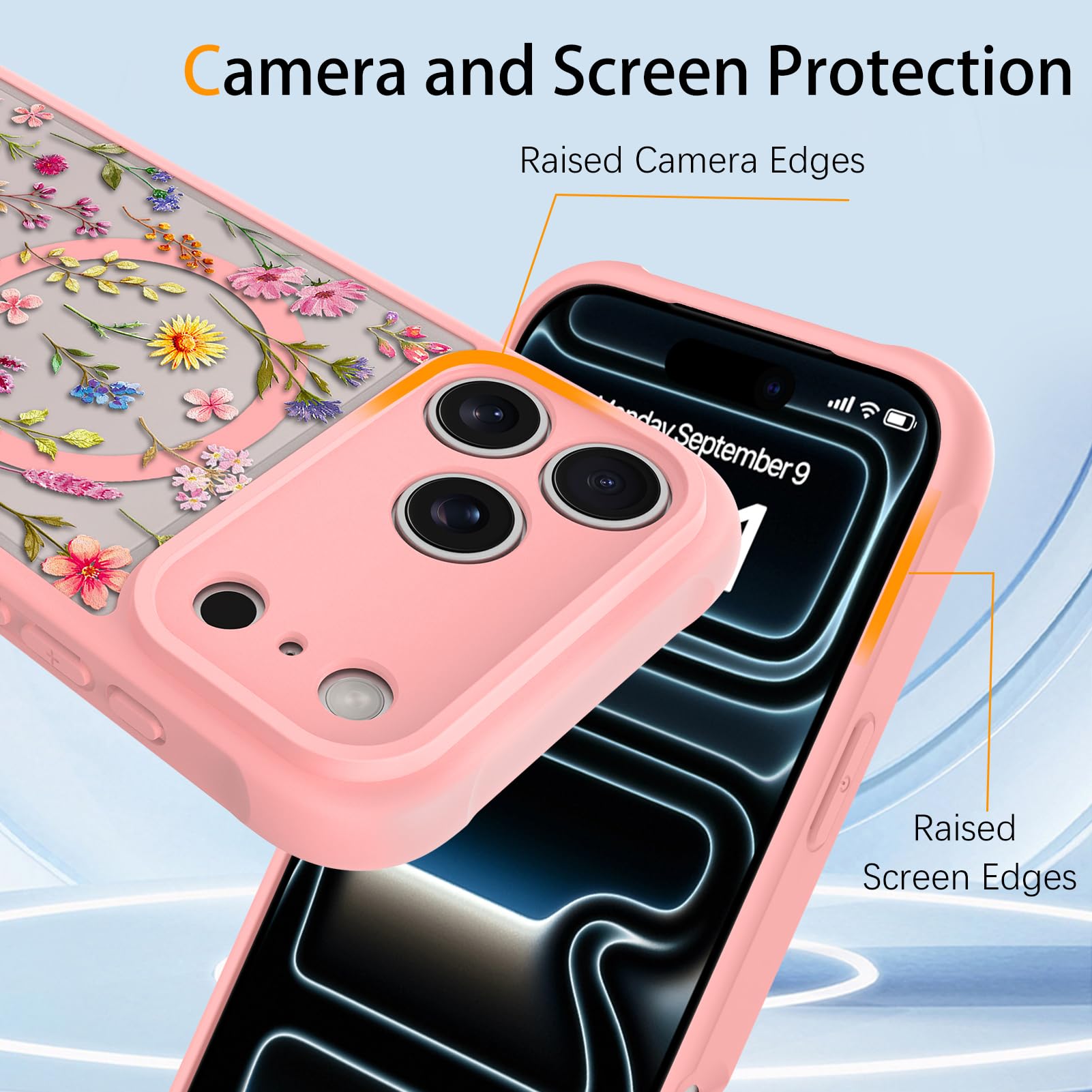 Coque magnétique conçue pour iPhone 17 Pro Max, motif floral rose