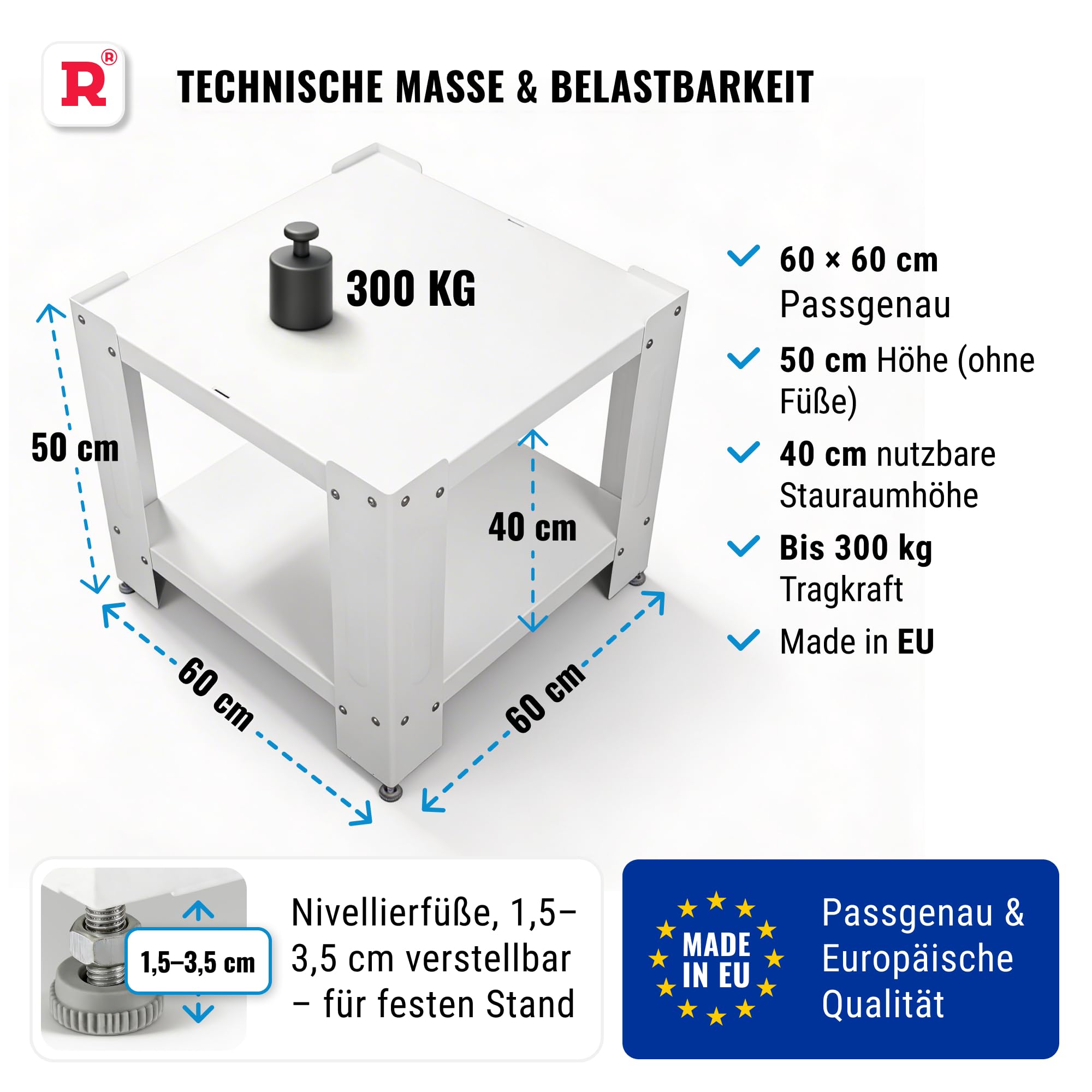 ROLLER Kappatos Waschmaschinen-Untergestell 50 cm mit Regal, Weiß | Stabiles Podest, bis 300 kg, verzinkter Stahl, höhenverstellbare Füße, inkl. Spanngurt