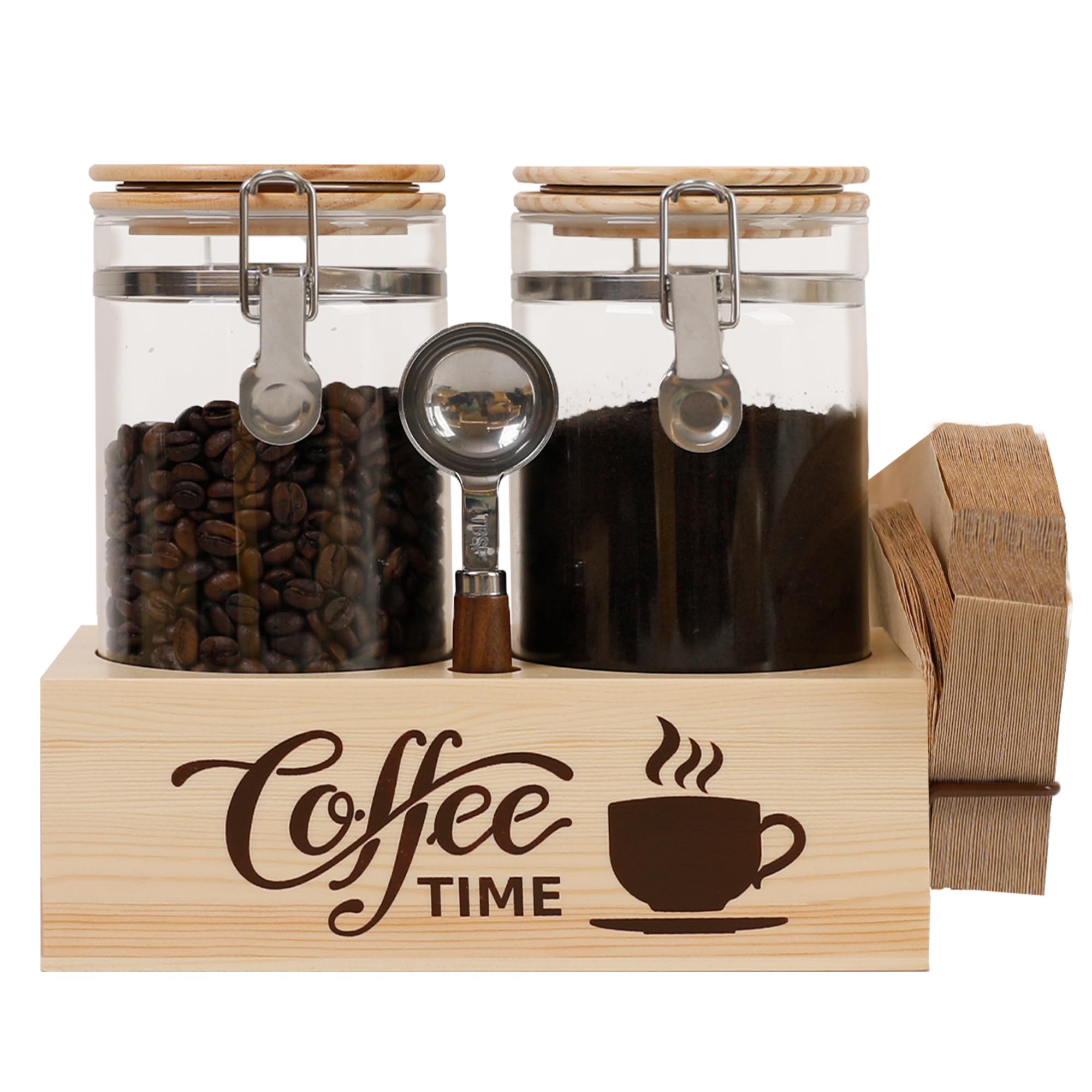 EQEY Glass Coffee Canister Set with Shelf & Spoon 2 Piece Coffee Containers for Ground Coffee Coffee Bean Storage Airtight Seal, Coffee Bar Accessories Coffee Filter Holder for Kitchen Organization