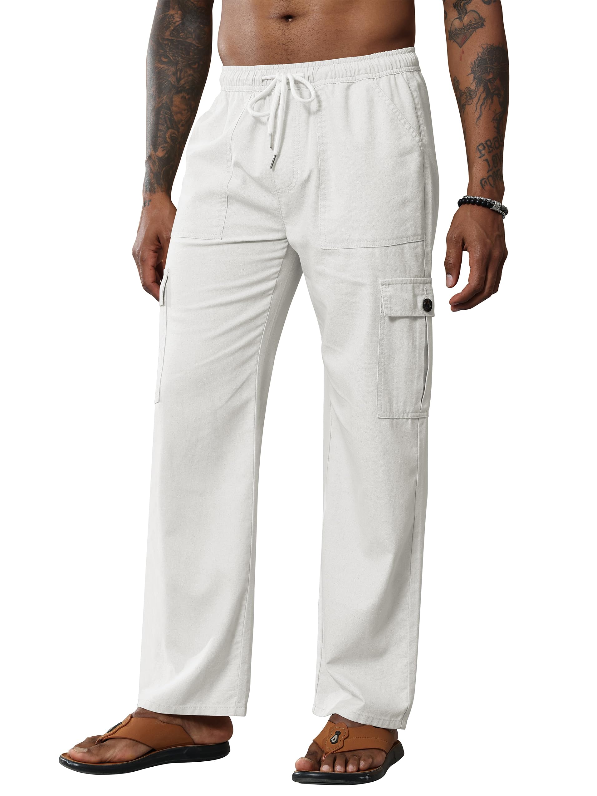 Breampot Herren Leinenhose Lang Leicht Sommerhose Baumwolle Cargo Loose Freizeithose mit Kordelzug