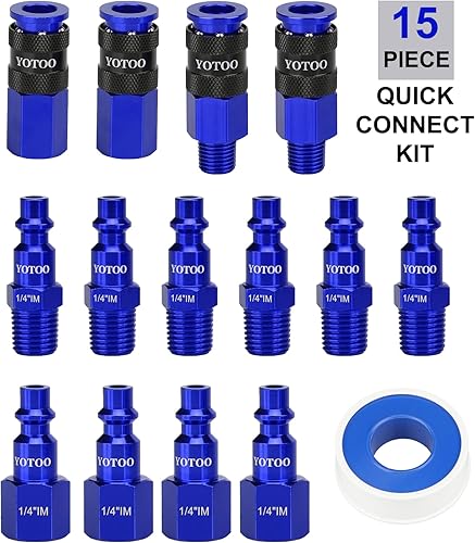 Miniatura 29 de YOTOO Juego de enchufes de aire industriales tipo I/M de 12 piezas con roscas hembra NPT de 1/4 pulgadas, accesorios de aire de aluminio Rojo