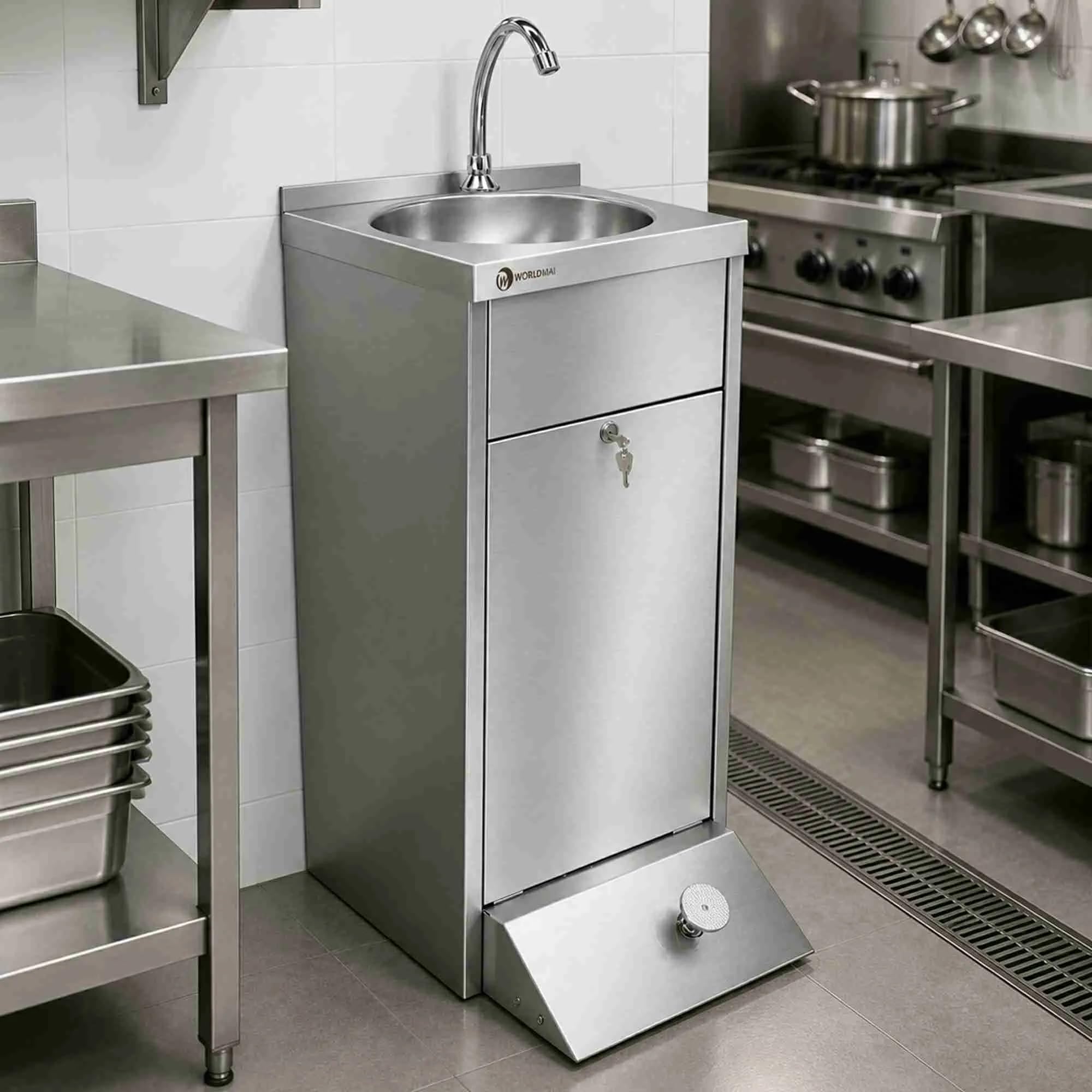Lavamanos industrial de pie en acero inoxidable con pedal WORLDMAI para hostelería. Lavamanos profesional para cocina de bar y restaurante.