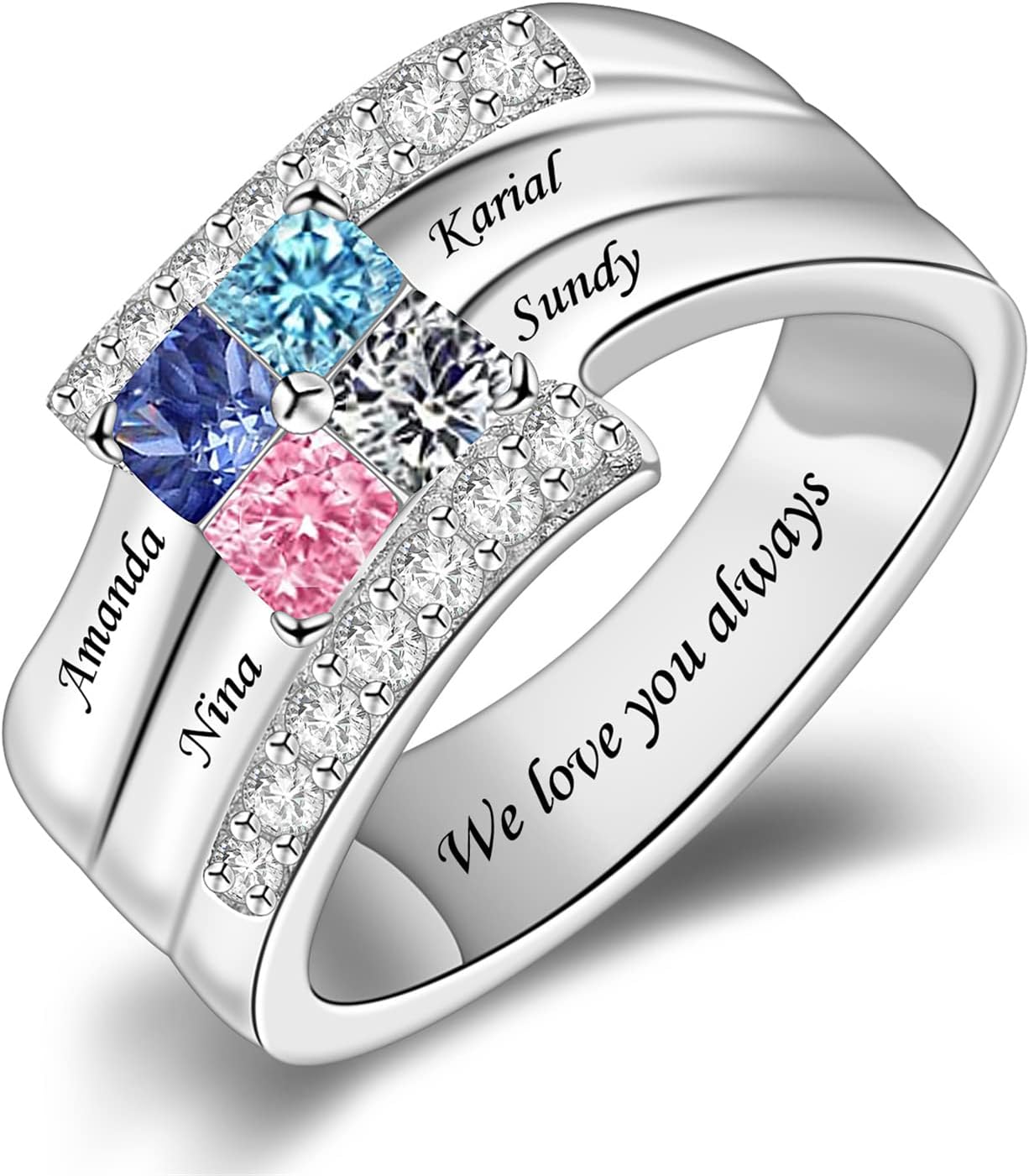 Personalized Mothers Ring with 1/2/3/4/5/6/7/8/9 Simulated Birthstones for Mom Engraved Name Ring for Women Promise Rings for Her Custom Family Ring for Wife Grandmother Jewelry Gifts