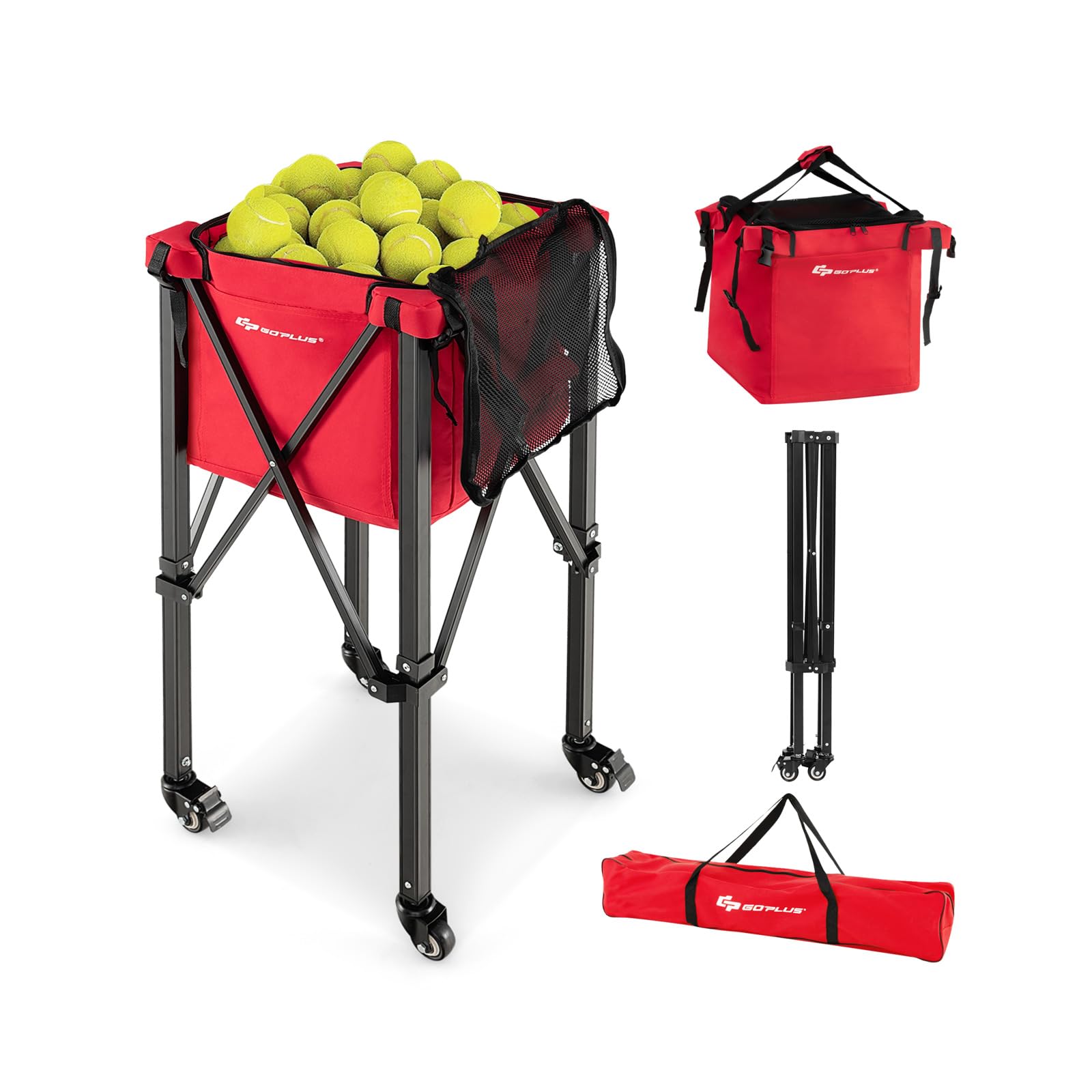 GOPLUS Chariot de Balle de Tennis Pliable, en Aluminium et Tissu Oxford avec et Sac Amovible, Panier de Rangement de Tennis Roulant pour Entraînement ou Loisir