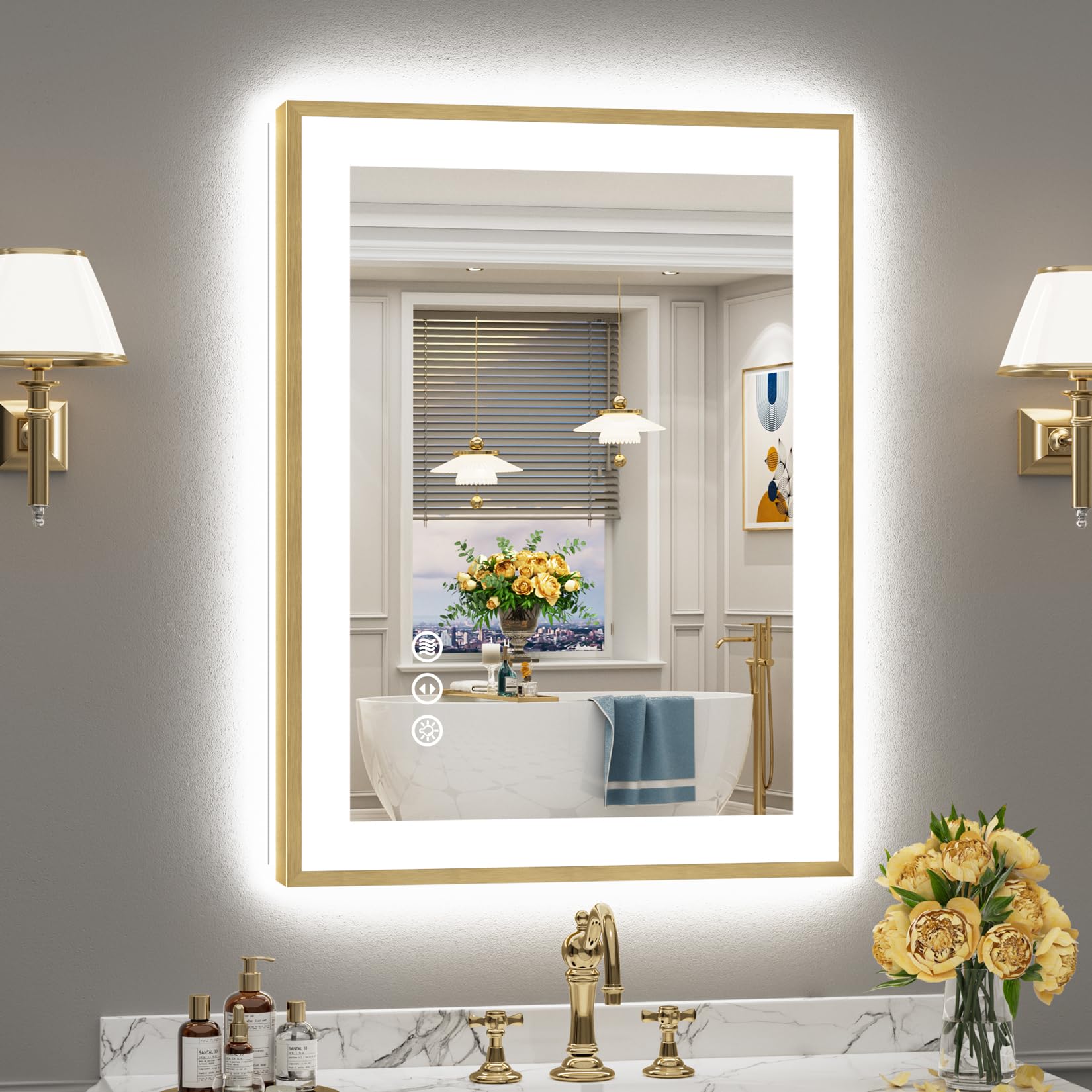 24x32 Gold LED Bathroom Mirror with Lights, Lighted Vanity Mirror