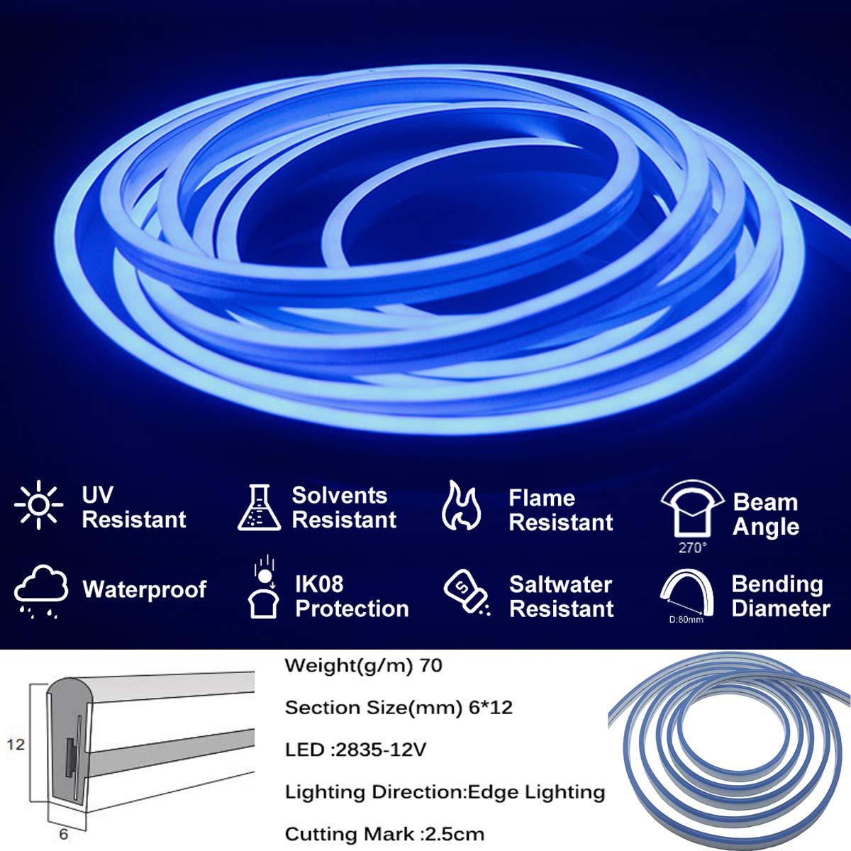 DC 12V Silikon LED Neonlicht wasserdichte Innen-und Außen-DIY-Schilderdekoration 15 Meter Blau.（Ohne Netzteil）