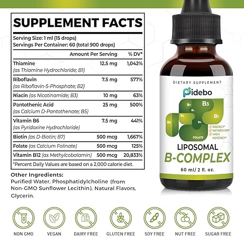 Miniatura 2 de PIDEBO High Potency Vitamin B Complex with Active Forms of All B Vitamins-2 Month Supply60ML-Liposomal B Complex Liquid Vitamins -B1 B2 B3 b5 B6