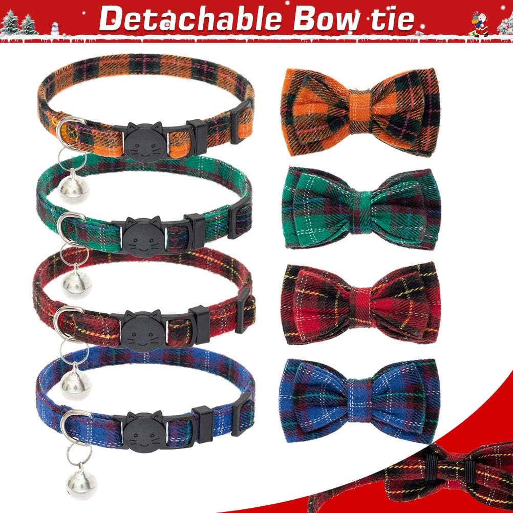 EXPAWLORER Cat Collar Breakaway with Bell - 4 Pack Classic Plaid Bow Tie Collars for Kitty Kitten, Red, Orange, Blue, Green