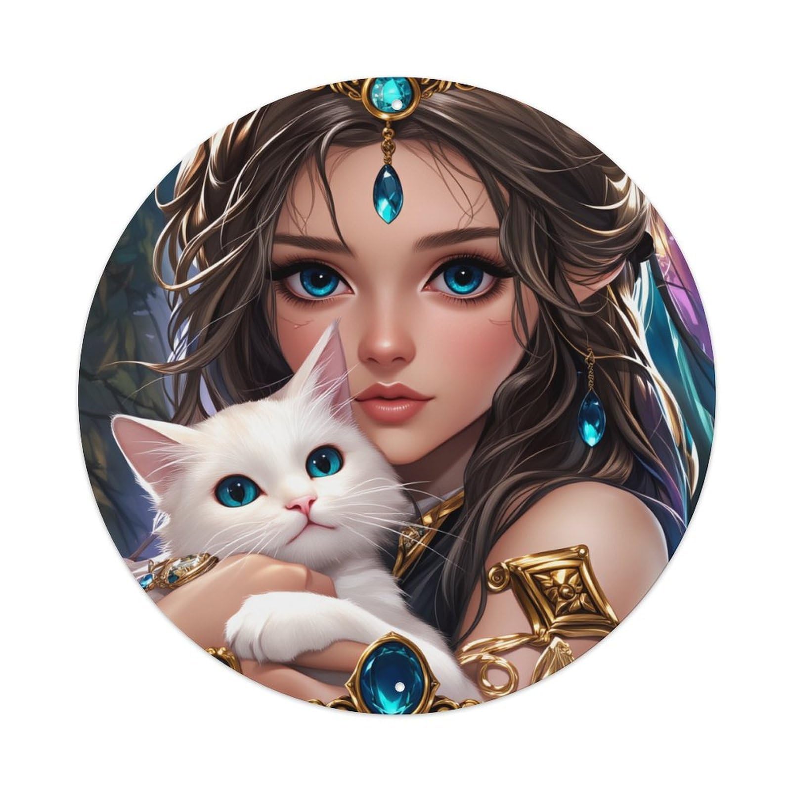 Fantasy Princess With Cat And Jewels Round Tin Sign Vintage Metal Poster, Home Bar Garage Man Cave Cafe Indoor & Outdoor Wall Decoration 8x8Inches