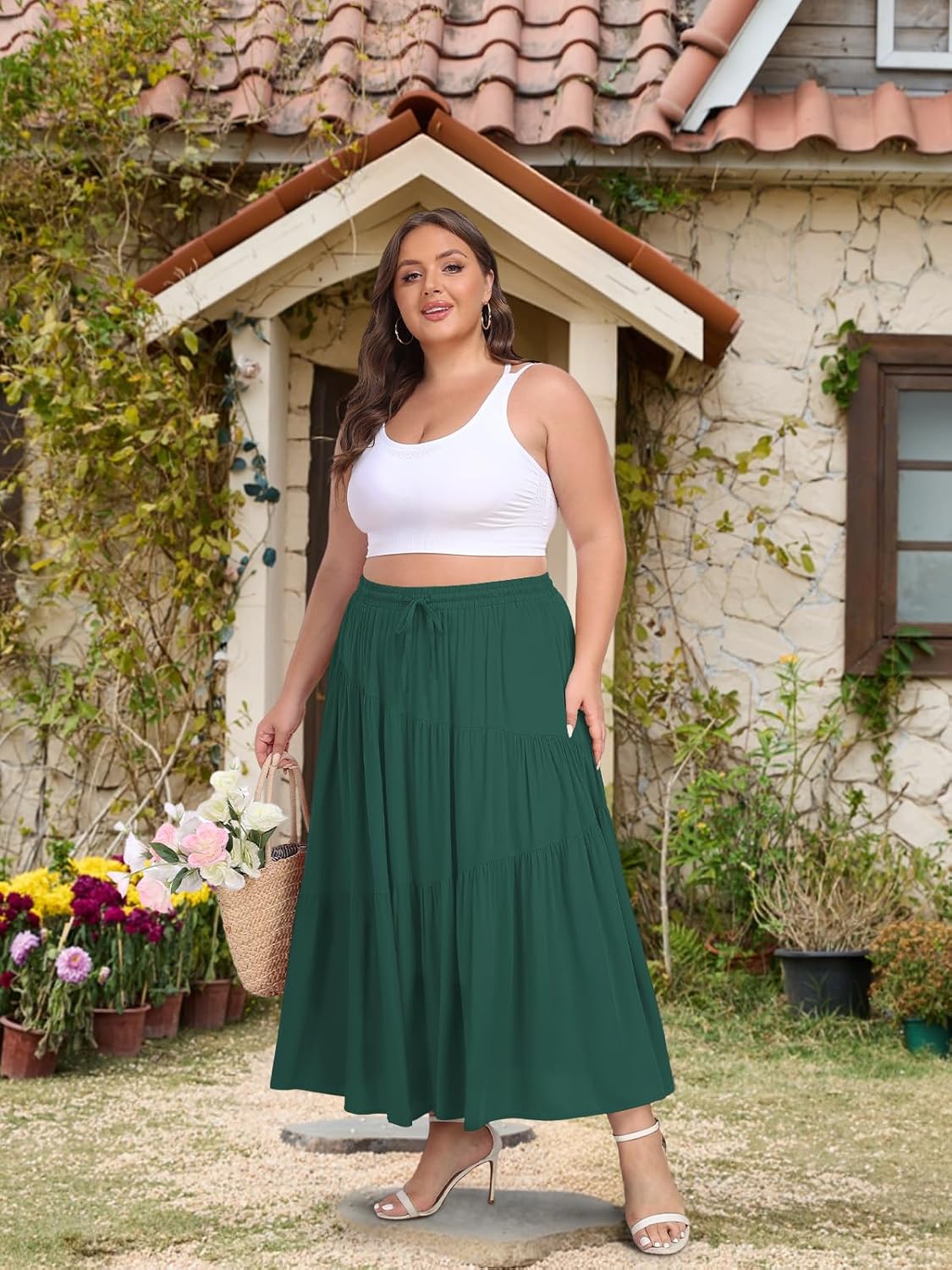 Moon Wood Plus Size Boho Maxi Skirts for Women Long Flowy High Waisted Tiered A-Line Skirt with Pockets Beach Summer Causal - Image 3