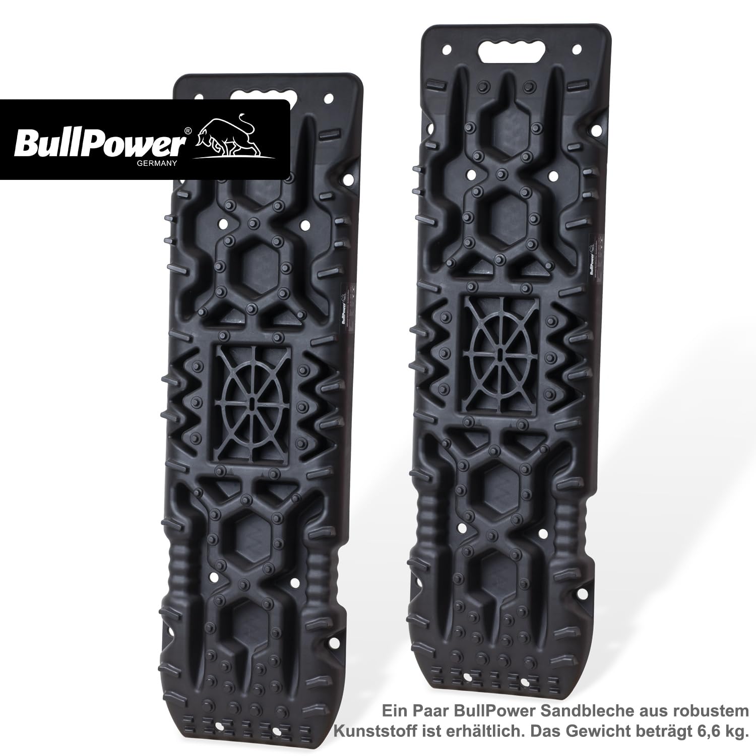 BullPower Offroad-Sandbleche Kunststoff-Anfahrhilfen Schlamm Sand Schnee Recovery Board 10T Reifenleiter Traktionsmatte Gripmatte PKW LKW SUV Geländewagen 10.000 kg mit Aufbewahrungstasche (schwarz)