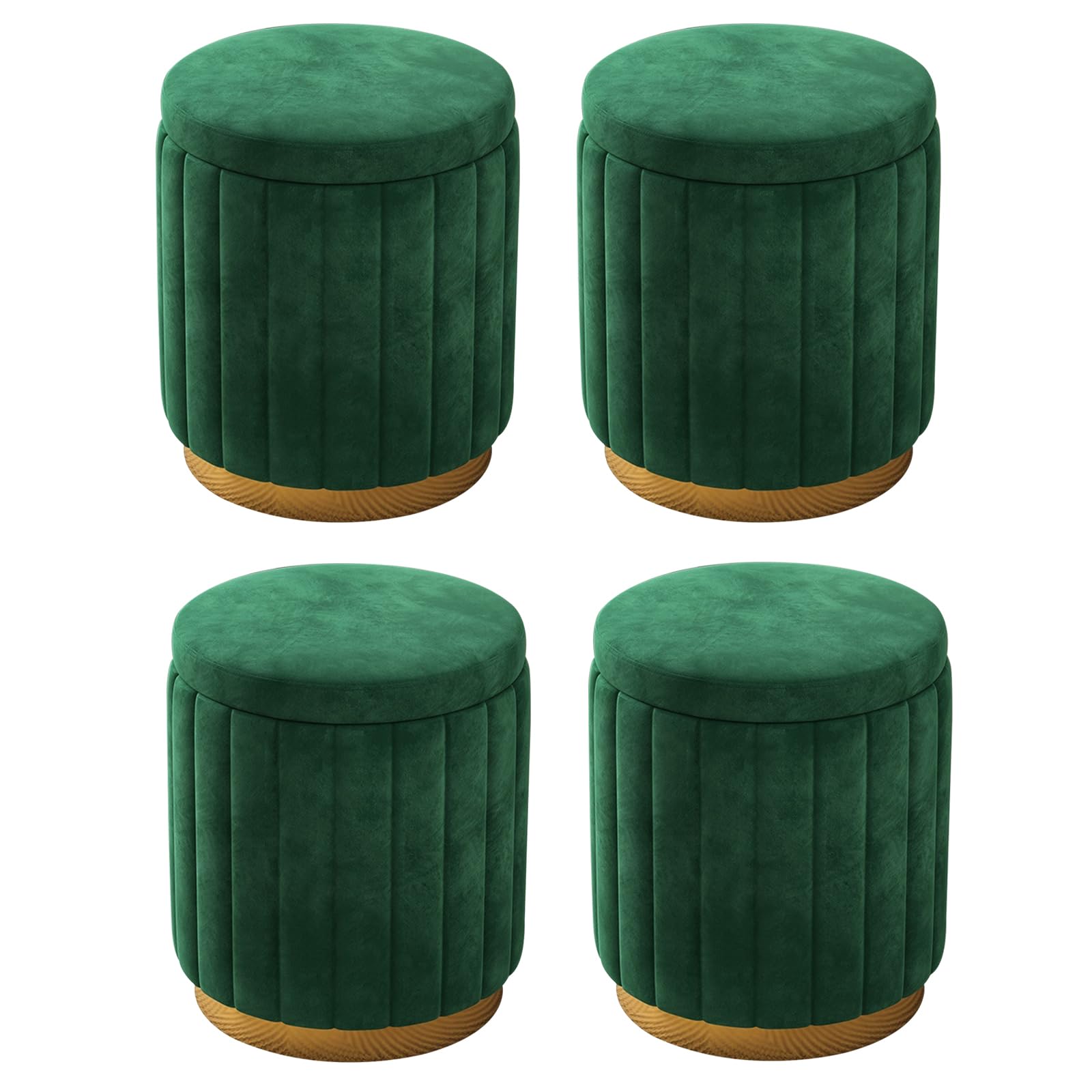 Pouf rotondo con contenitore, set di 2 sgabelli imbottiti in velluto con base in metallo, sgabelli moderni per camera da letto, soggiorno, mobili per la casa (set da 4, verde)