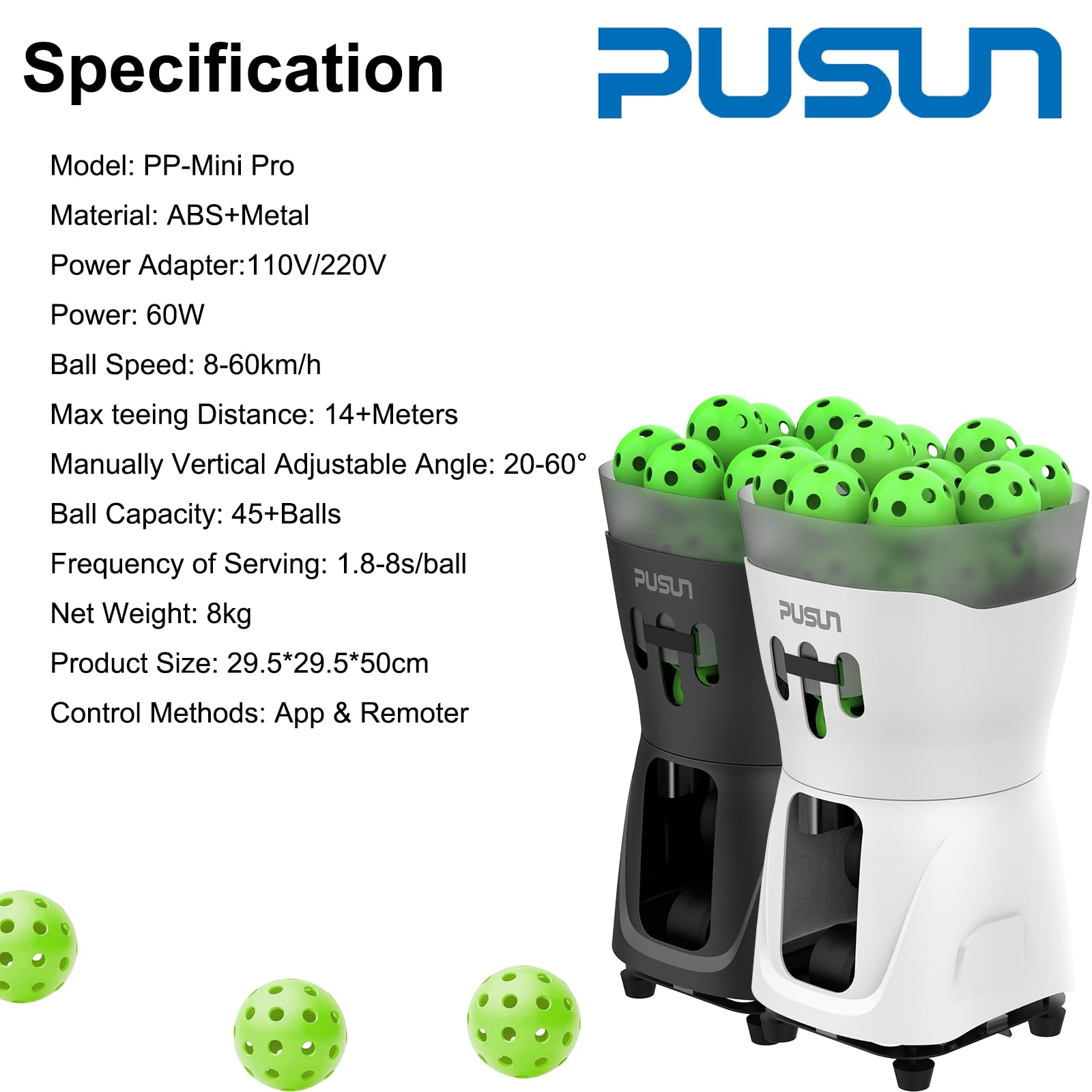 PUSUN Macchina per pickleball, macchina per pickleball PP-Mini Pro per bambini e principianti, supporta app e telecomando, contiene 65 più palline contemporaneamente, durata della batteria 3-5 ore,