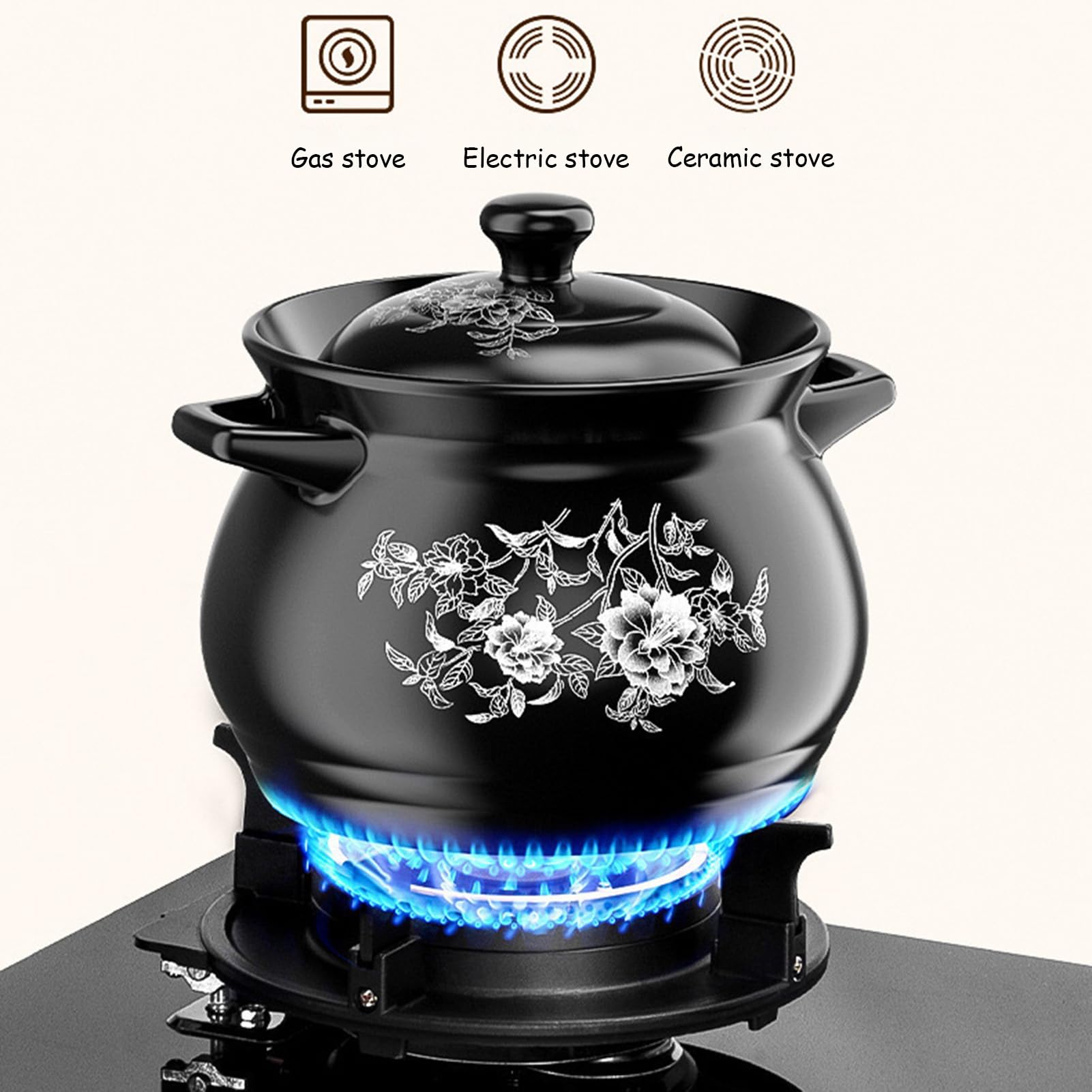 Olla de cerámica para guisos, Cacerolas negras con tapa, estofado for olla de barro resistente al calor(5.5L/5Quarts)