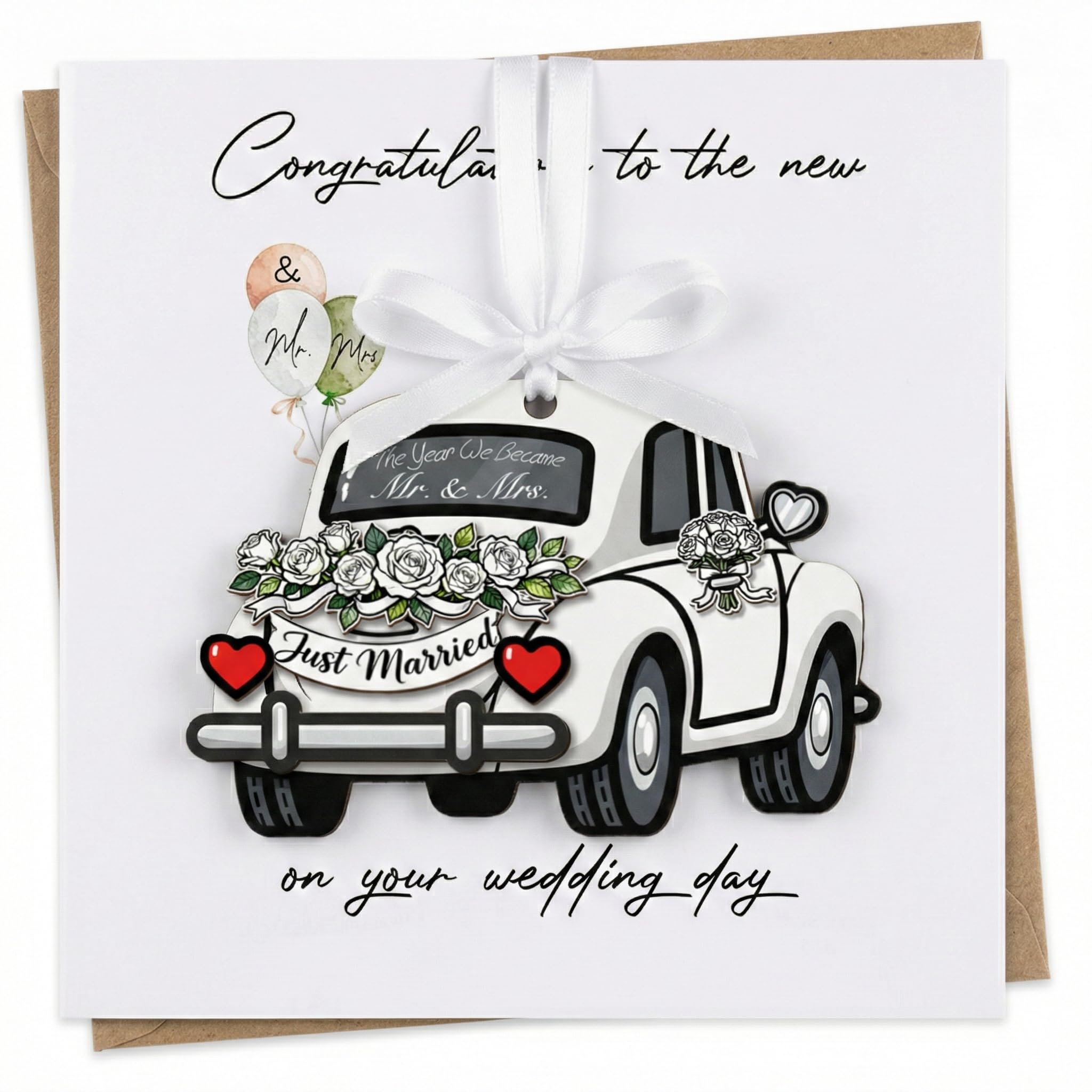 Wedding Wooden Ornament and Card Set, Romantic Mr and Mrs Gift for Bride and Groom, Classic Car Design with Special Wishes, Wedding Gift with White Ribbon and Envelope