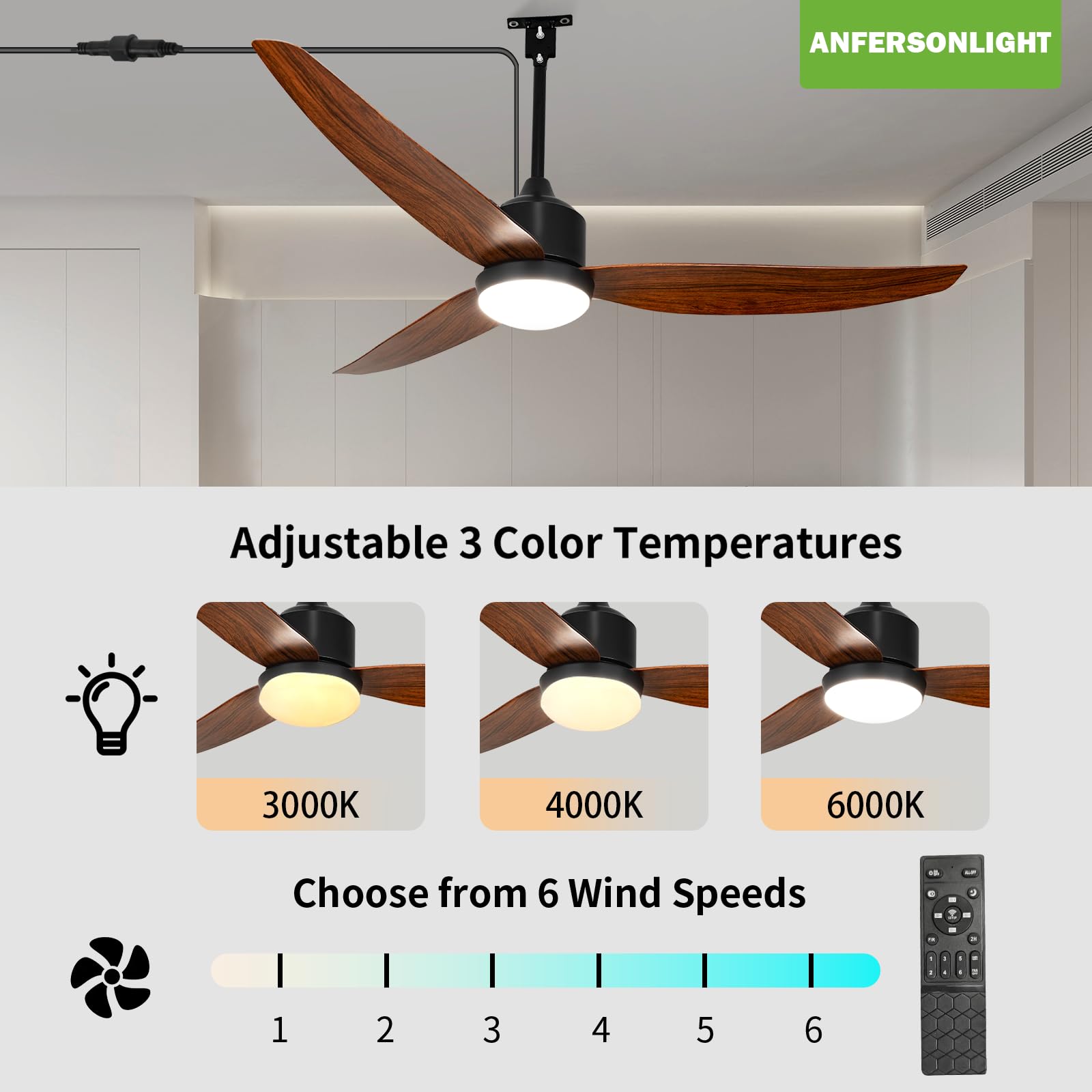Ventilador de techo exterior con luz y mando a distancia, 132 cm, con 3 alas para tienda de campaña, motor CC impermeable, 6 velocidades reversibles, regulable, temperatura