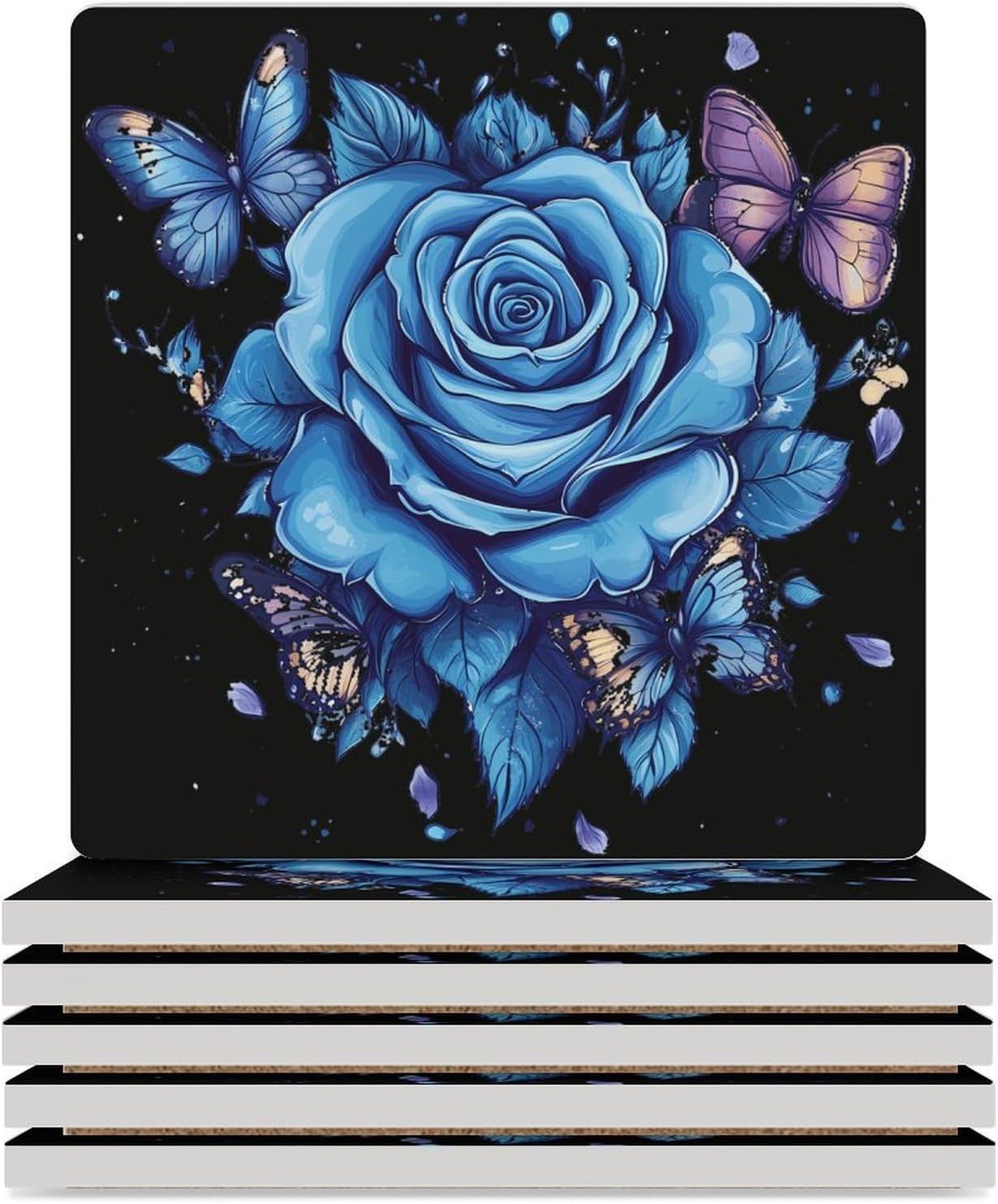 Butterfly Blue Roses Flowers Ceramic Coasters Set Square Drink Coasters Table Coaster for Kitchen Desktop Decor