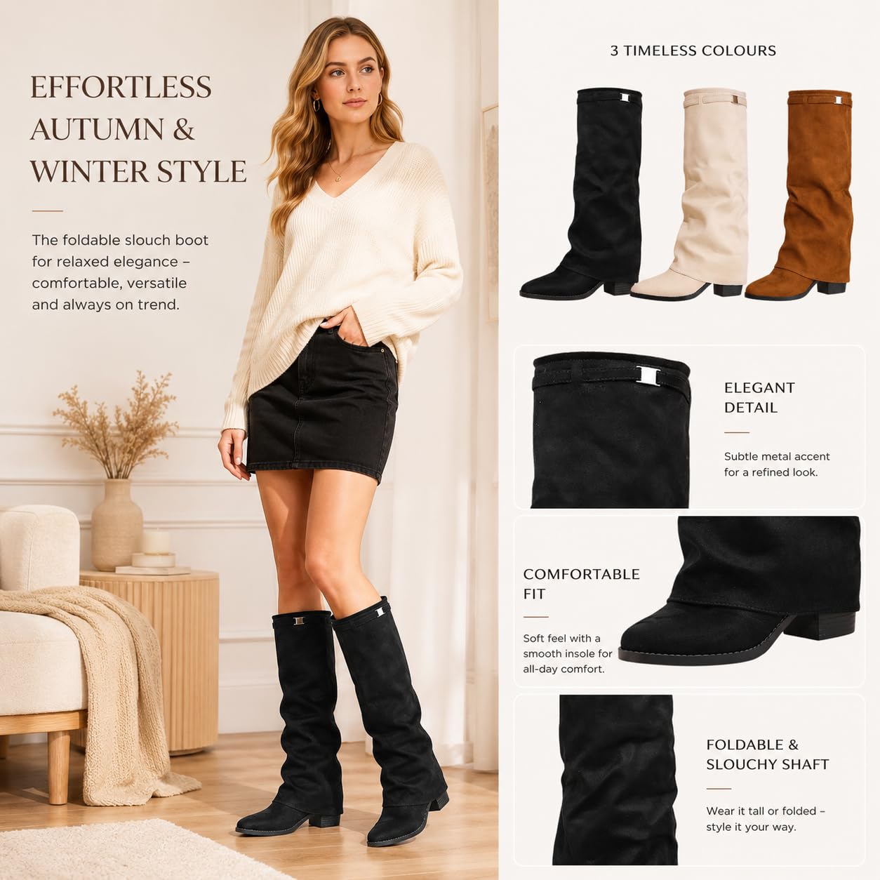 Overknees Stiefel Damen, Fold Over Shark Boots Kniehohe Stiefel mit Absatz Blockabsatz Übergangsstiefel Dressy Kniestiefel Mittelalter Schuhe Retro Damenstiefel, 36-43/EU