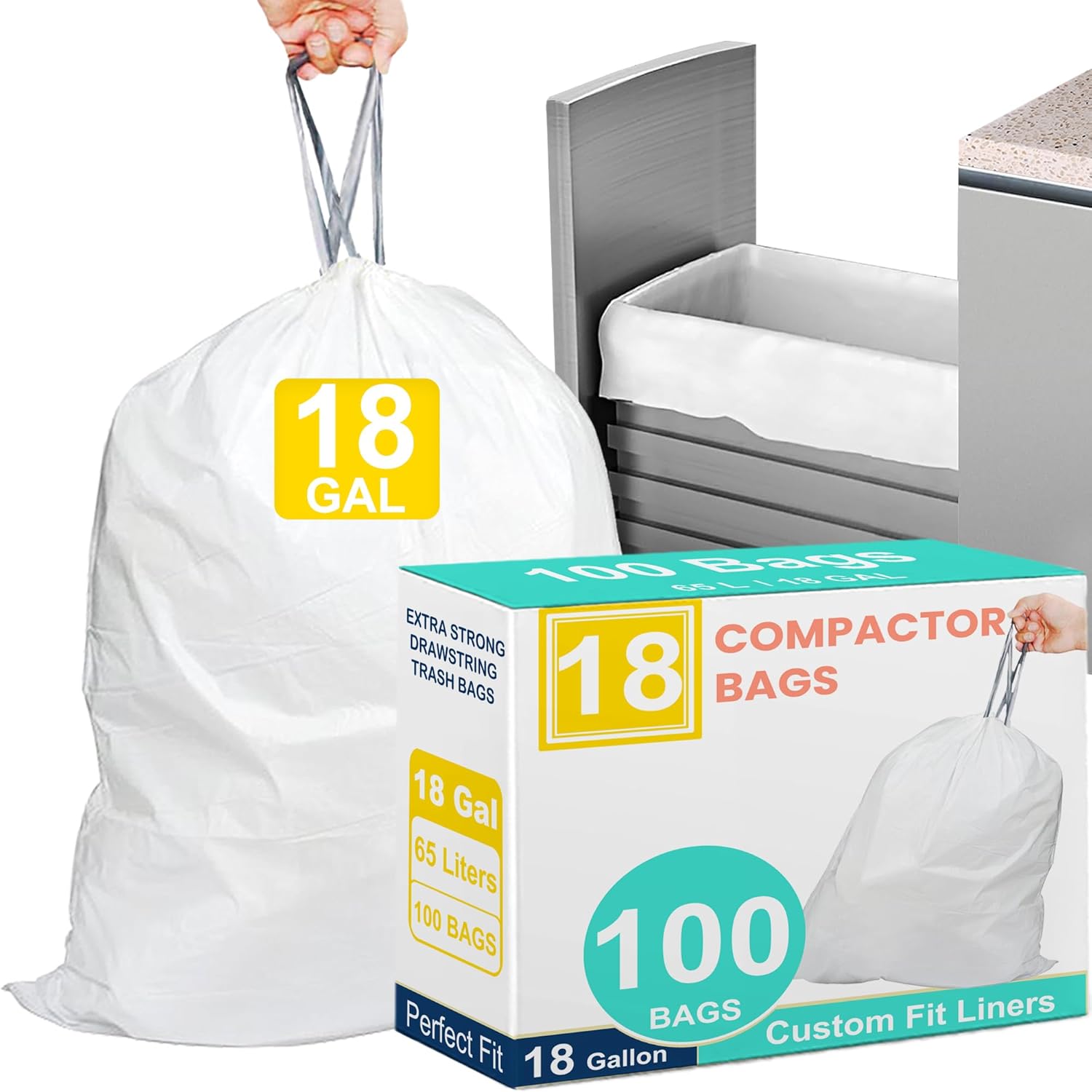 18 Gallon 100 Count Compactor Kitchen Trash Bags 1.2 Mil THICK Heavy Duty Reinforced Drawstring Fits 13-18 Gallon Compatible with Kitchenaid, Whirpool, GE 15 Inch Compactors Tear & Leak Resistant
