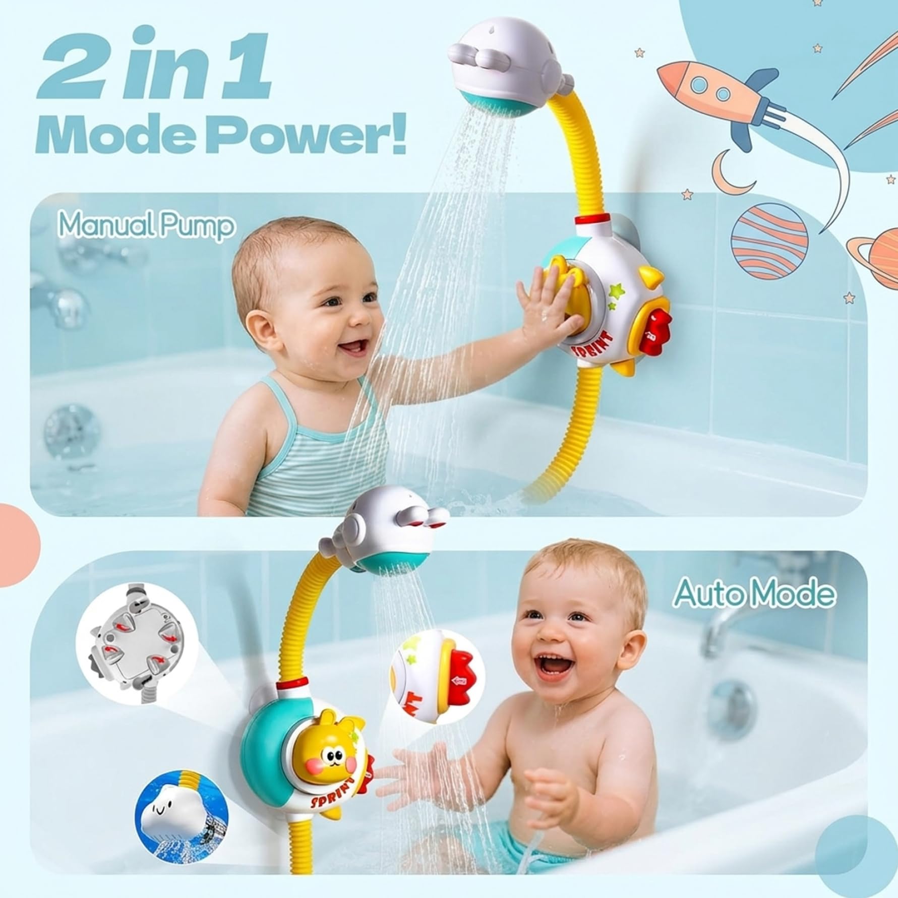 Giochi da bagno per bambini da 1 a 3 anni, Soffione doccia a forma di coniglio con batteria ricaricabile, Giochi da bagno per bambini da 3 5 anni, Modalità manuale e ricaricabile, Sciacquatrice del