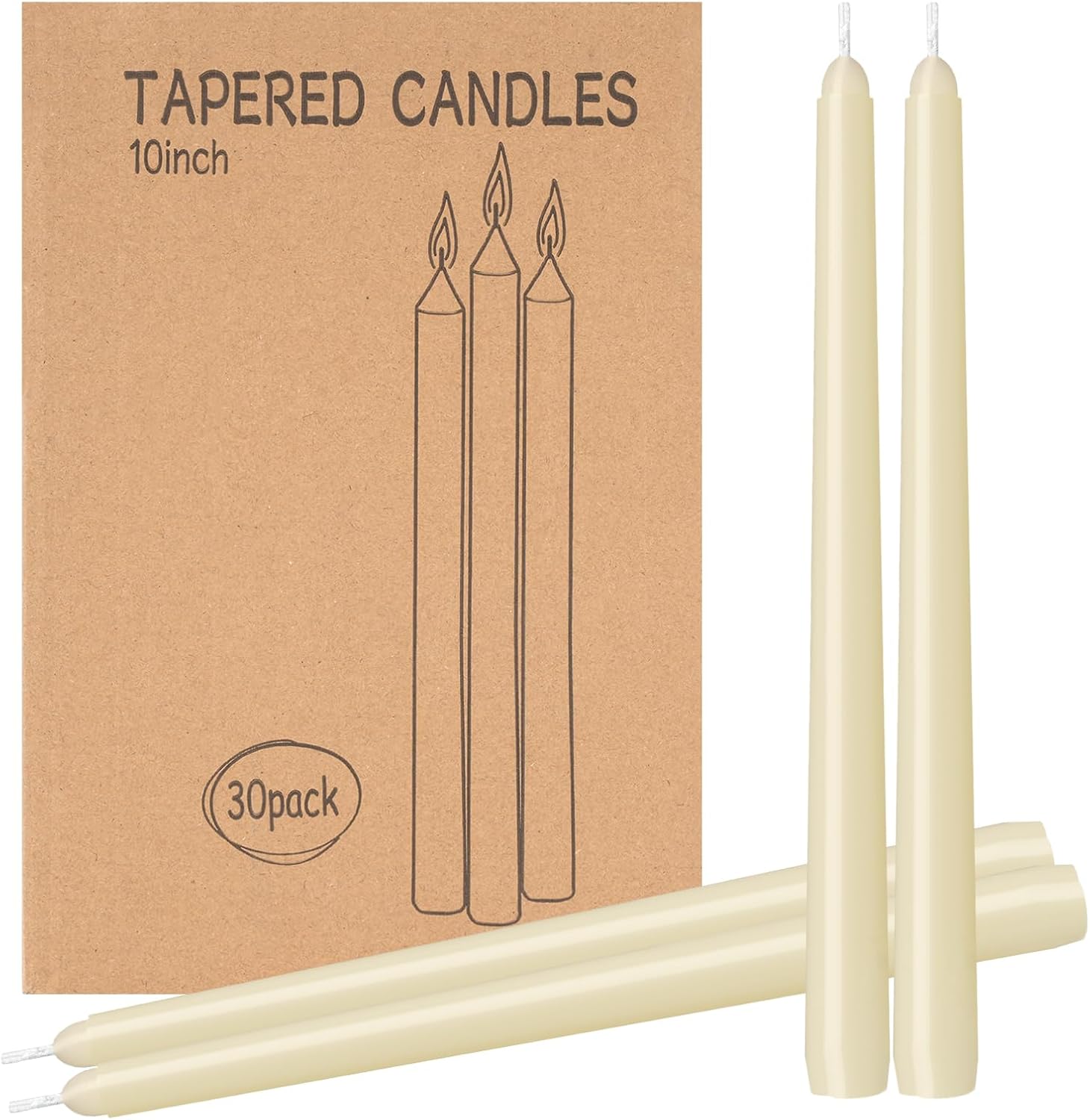 30 Pack Ivory Taper Candles 10 inch Dripless, Smokeless