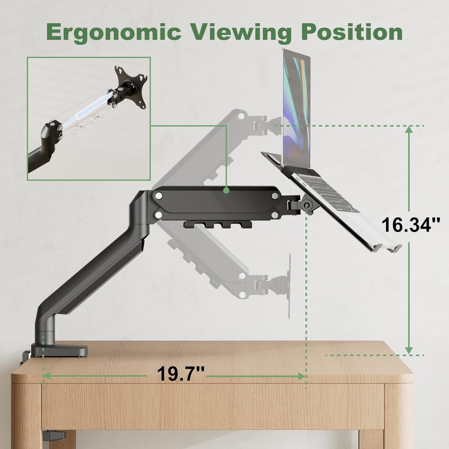 2-in-1 Gas Spring Laptop Arm for 12"-17" Notebook/13-32 Monitor Screen, Full Motion Adjustable Laptop Desk Mount with Tray, Holds 3.3-17.6lbs, Clamp-on and Grommet Base