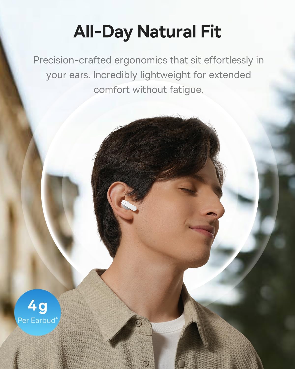 A person wearing a Baseus Bass BS1 NC earbud, demonstrating the lightweight and natural fit.