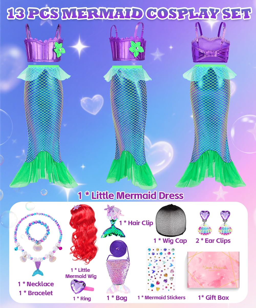 Deguisement Sirene Fille, Cosplay Sirene avec Perruque, Cadeau pour Fille, Déguisements Sirenes Enfant pour Anniversaire Cosplay Carnaval