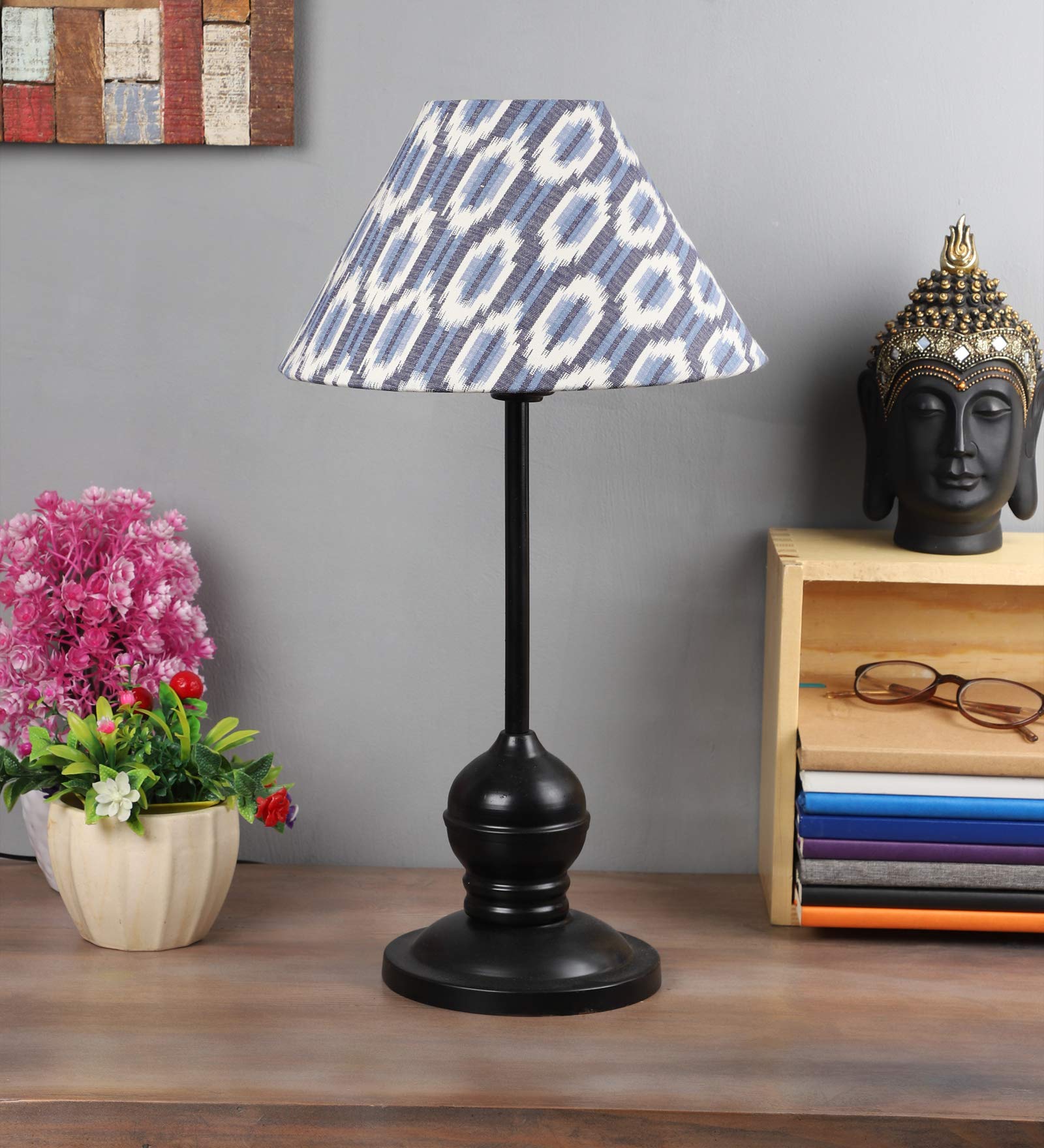 tu casa Table Lamps Black Metal Base with Blue/White Cotton (Ikat Print) Shades for Home Décor, Bedrooms, Living Room, Gifting, Diwali Decoration, Dining Space, Study Room, Restaurants (H-17.5")
