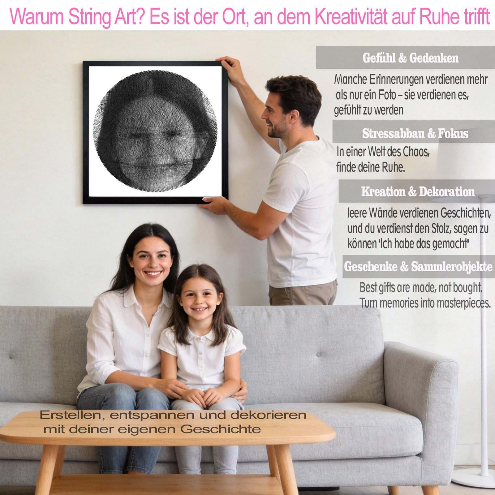 ssmiss Großes String Art Set 40x40cm - 200 Nägel String Art Kit mit Rahmen & Ständer - QR-Code für Video-Anleitung - Schnell in 3-7 Stunden DIY Bastelset- Geschenk für Anfänger, Erwachsene