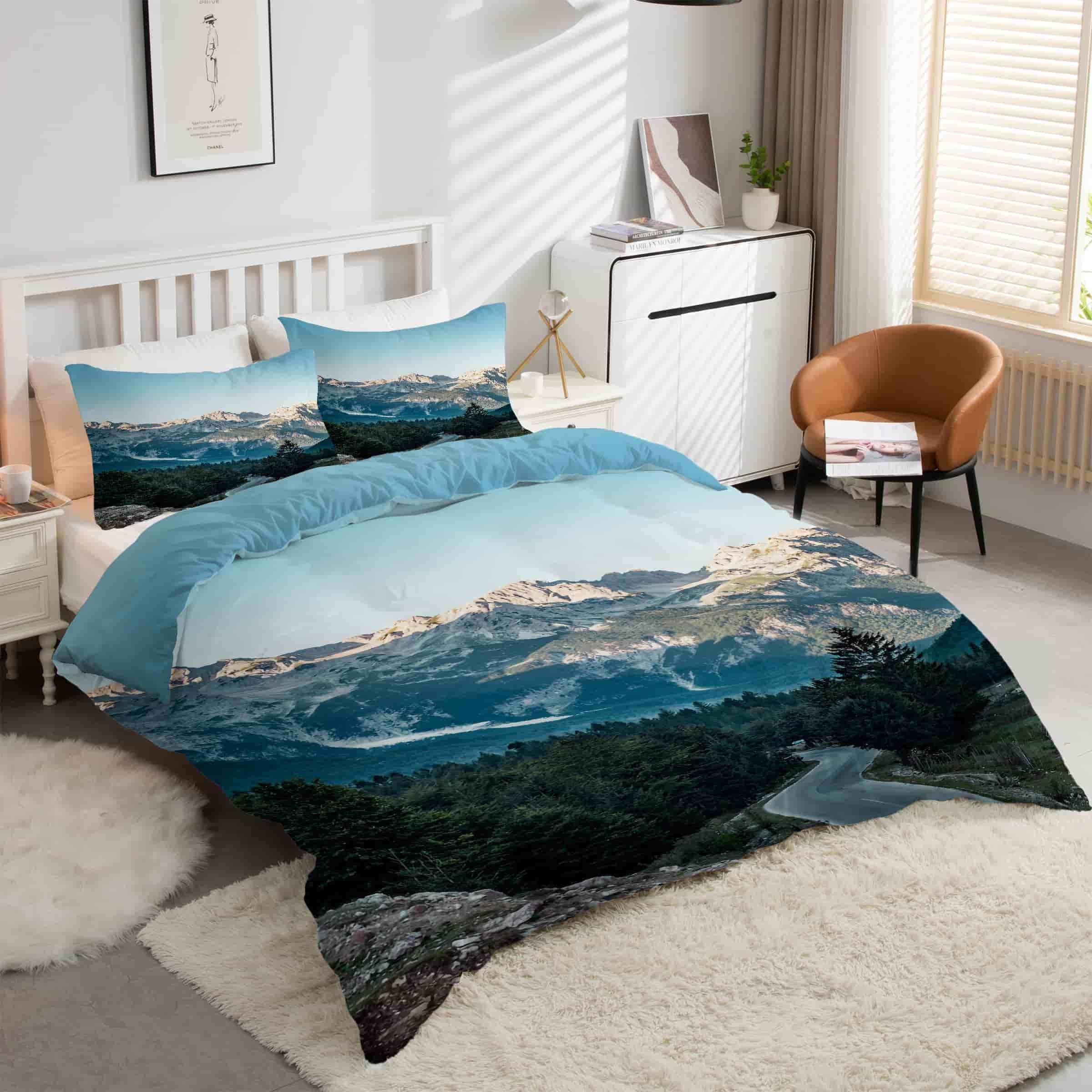 Housse de couette 200x200 montagnes enneigées en tissu microfibre anti-plis avec fermeture éclair