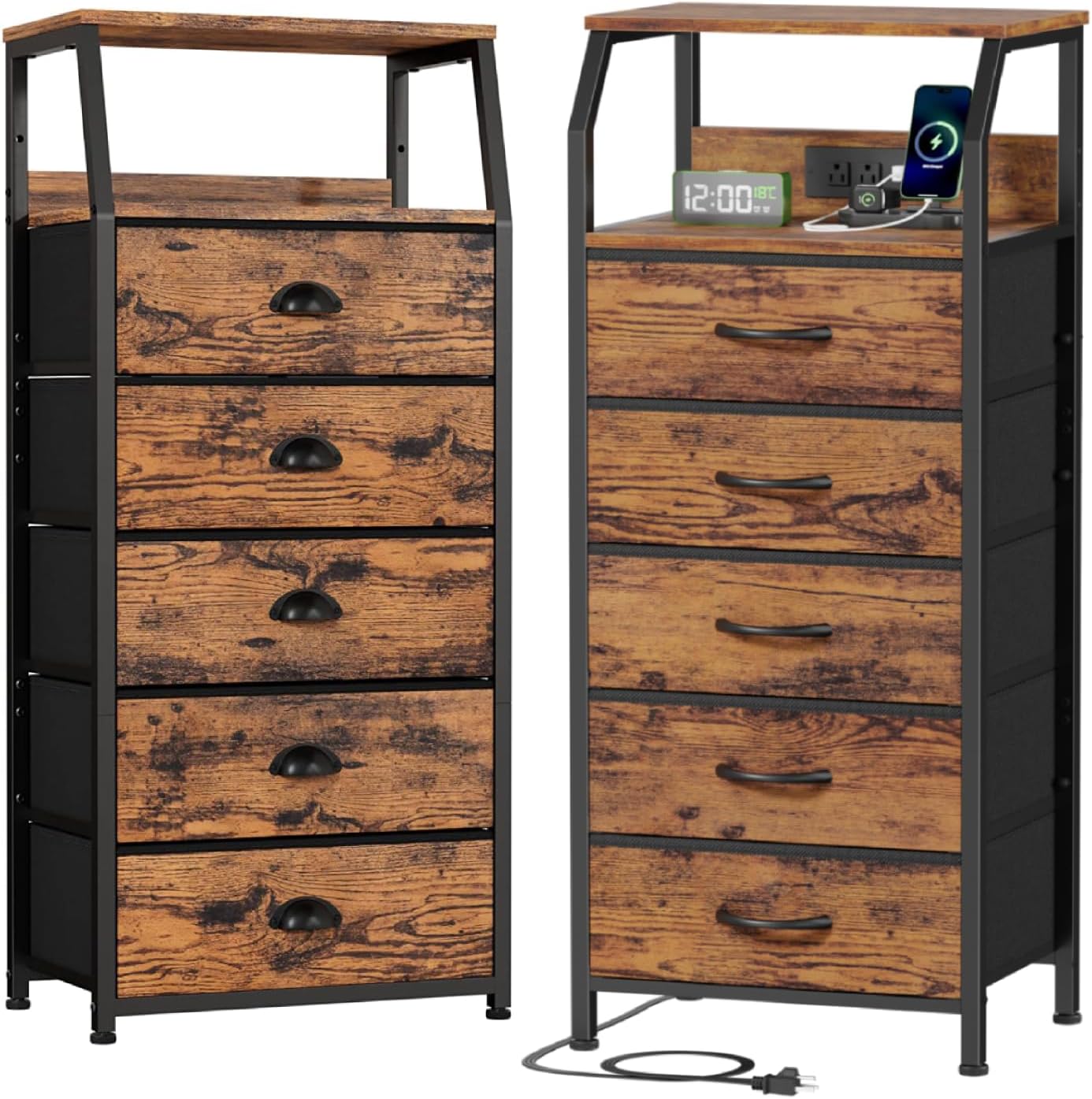 Furnulem Tall 5 Drawers Dresser + 5 Drawers Dresser with Charging Station