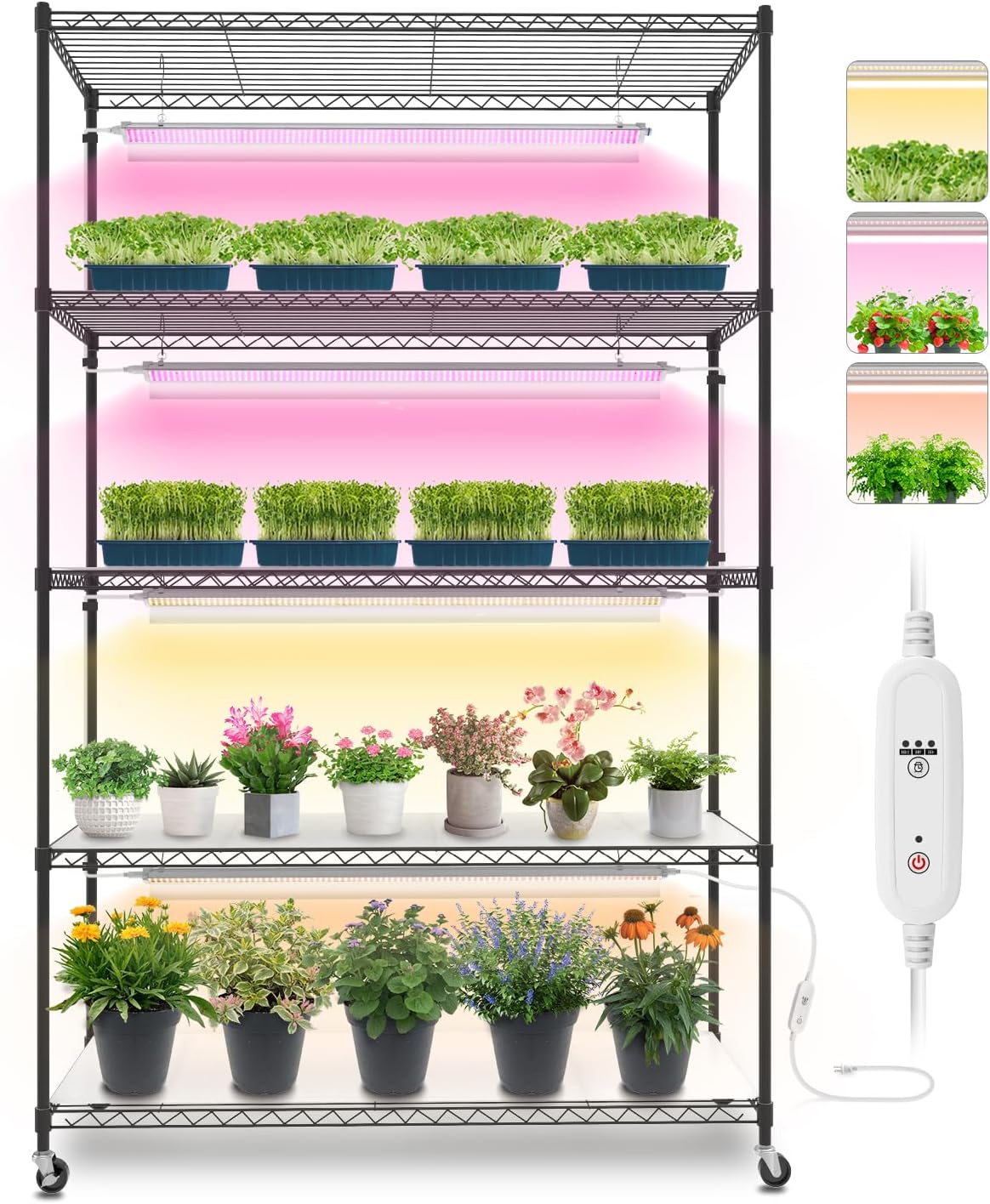 Bstrip Plant Stand with Grow Lights, 5 Tier Large 47.2x17.8x71IN Plant Shelf Indoor with 3FT T5 144w Grow Light, 3 Mode Full Spectrum LED Plant Light with Timer for Indoor Plants, Spring Seed Starting